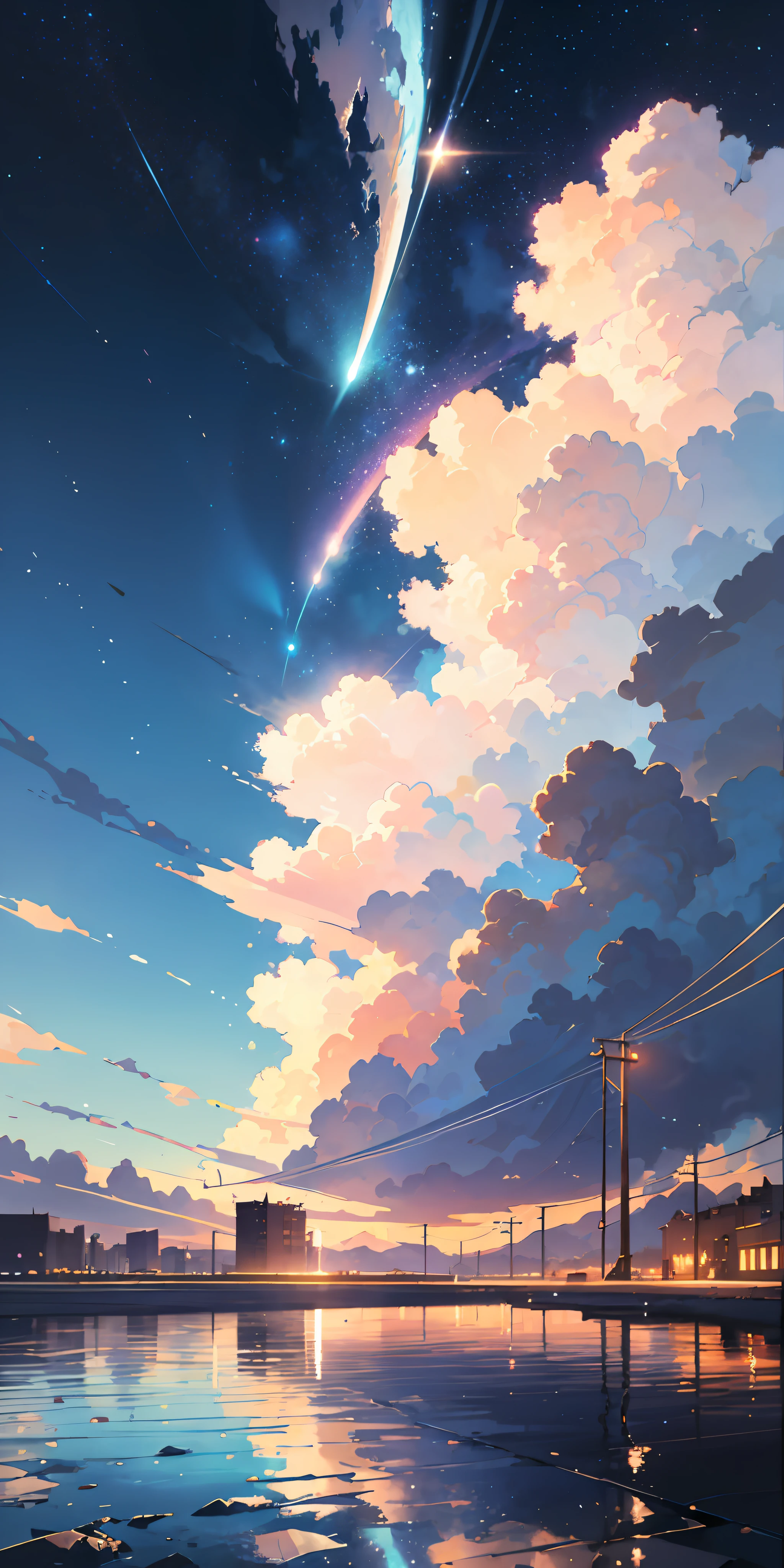 Summer, Makoto Shinkai's concept art, tumblr, magic realism, beautiful anime scenes, beautiful skies. by makoto shinkai, ( ( makoto shinkai ) ), anime background art, anime backgrounds, Makoto Shinkai's style, anime movie backgrounds, galaxy express, no humans. --v6