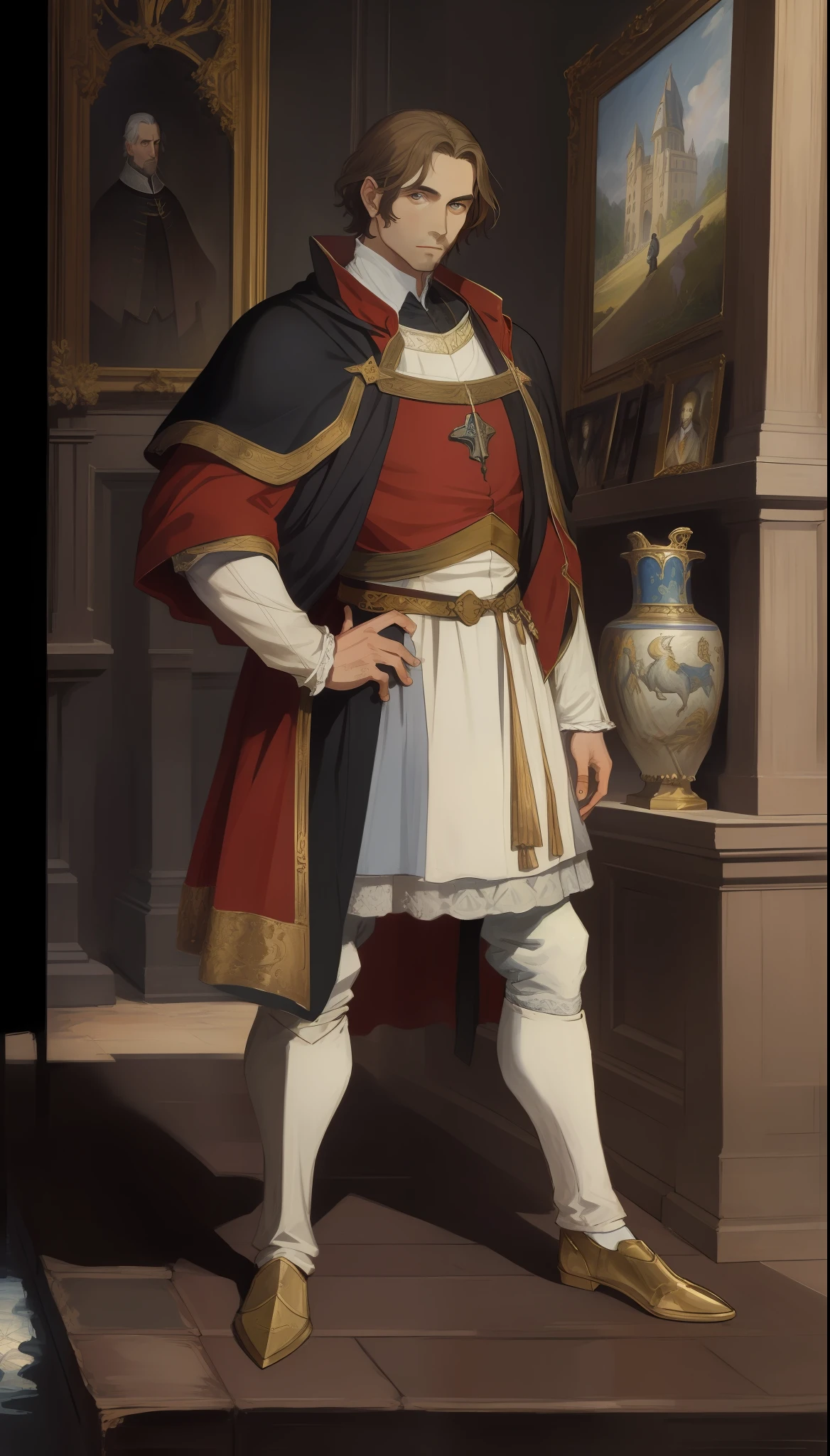 European Middle Ages, men, nobles, counts. In the background is a mansion, bust painting