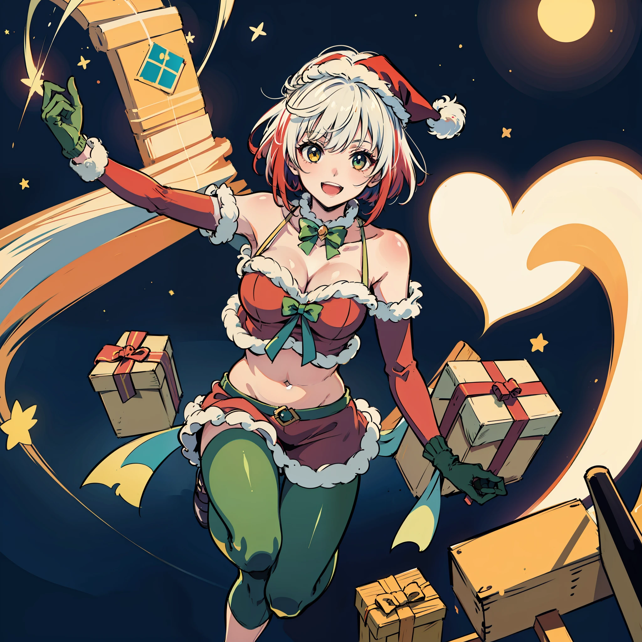 masterpiece, Best Quality, Absurdity, Perfect Anatomy,Only One Girl, Pascal Tales, Short Hair, Santa Claus Costume,Cleavage,Navel,Breasts,Frolicking,Looks Happy,Smiling,Flying in the Night Sky