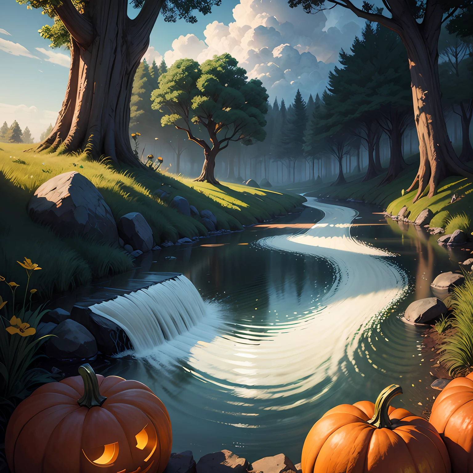 Halloween poster, forest bells, clouds, spring water, real ray tracing