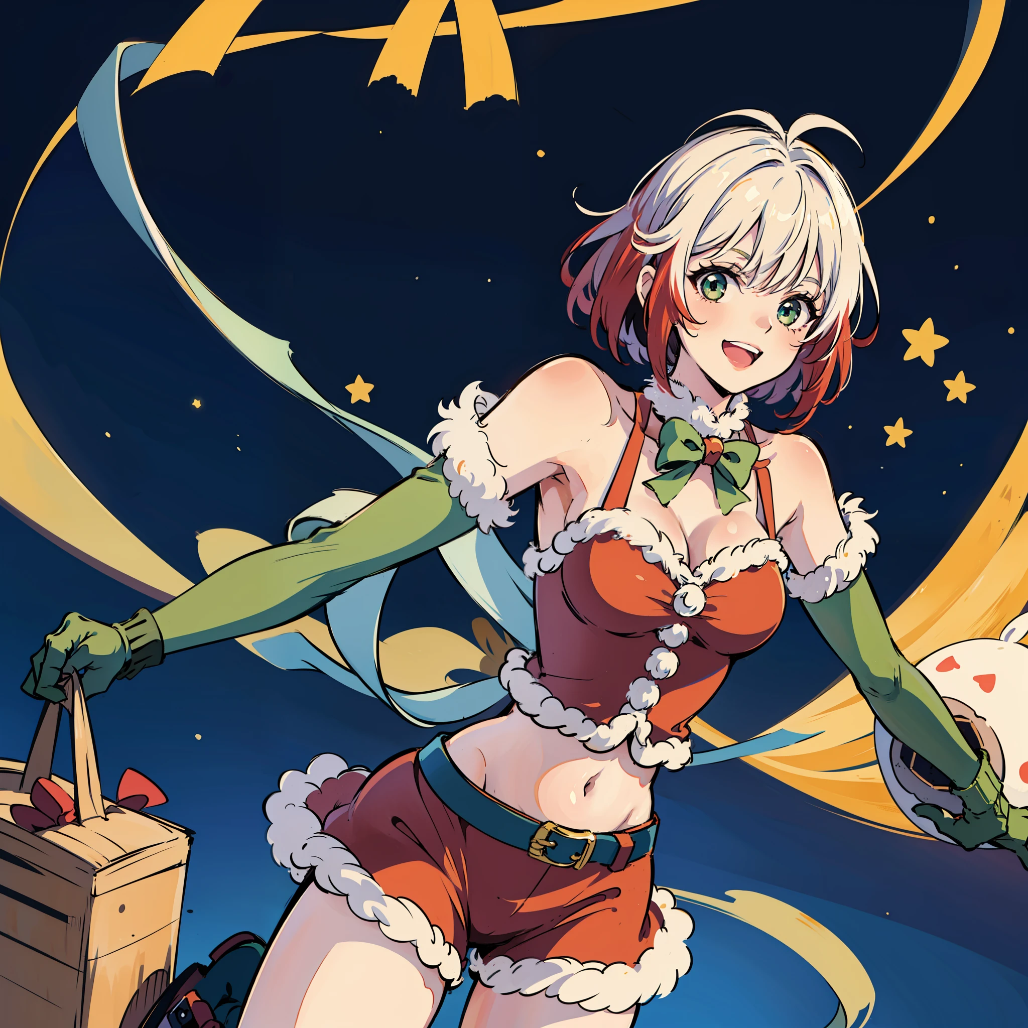 masterpiece, Best Quality, Absurdity, Perfect ???????,Only One Girl, Pascal Tales, Short Hair, Santa Claus Costume,Cleavage,Navel,Breasts,Frolicking,Looks Happy,Smiling,Flying in the Night Sky