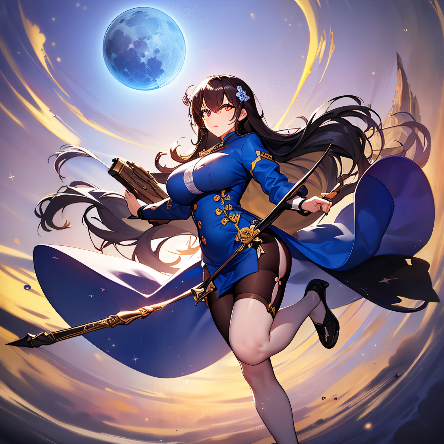 (Xiaoqing, 25-year-old woman, long black hair, wearing a blue costume robe 1.4), (floating in the air, stepping on a huge weapon of the moon type: 1.6), (blue flame effect around the body: 1.5), (light blue sky background: 1.4), (serious expression: 1.5), (high wide lens: 1.5)