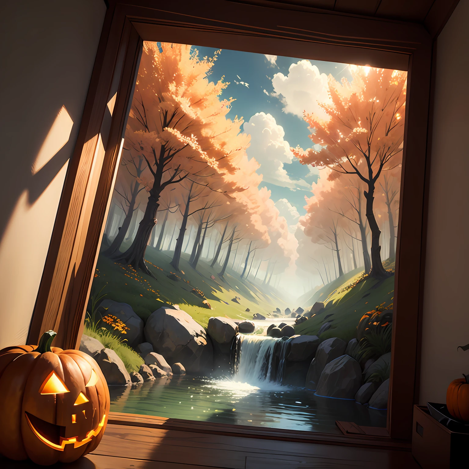 Halloween poster, forest bells, clouds, spring water, real ray tracing