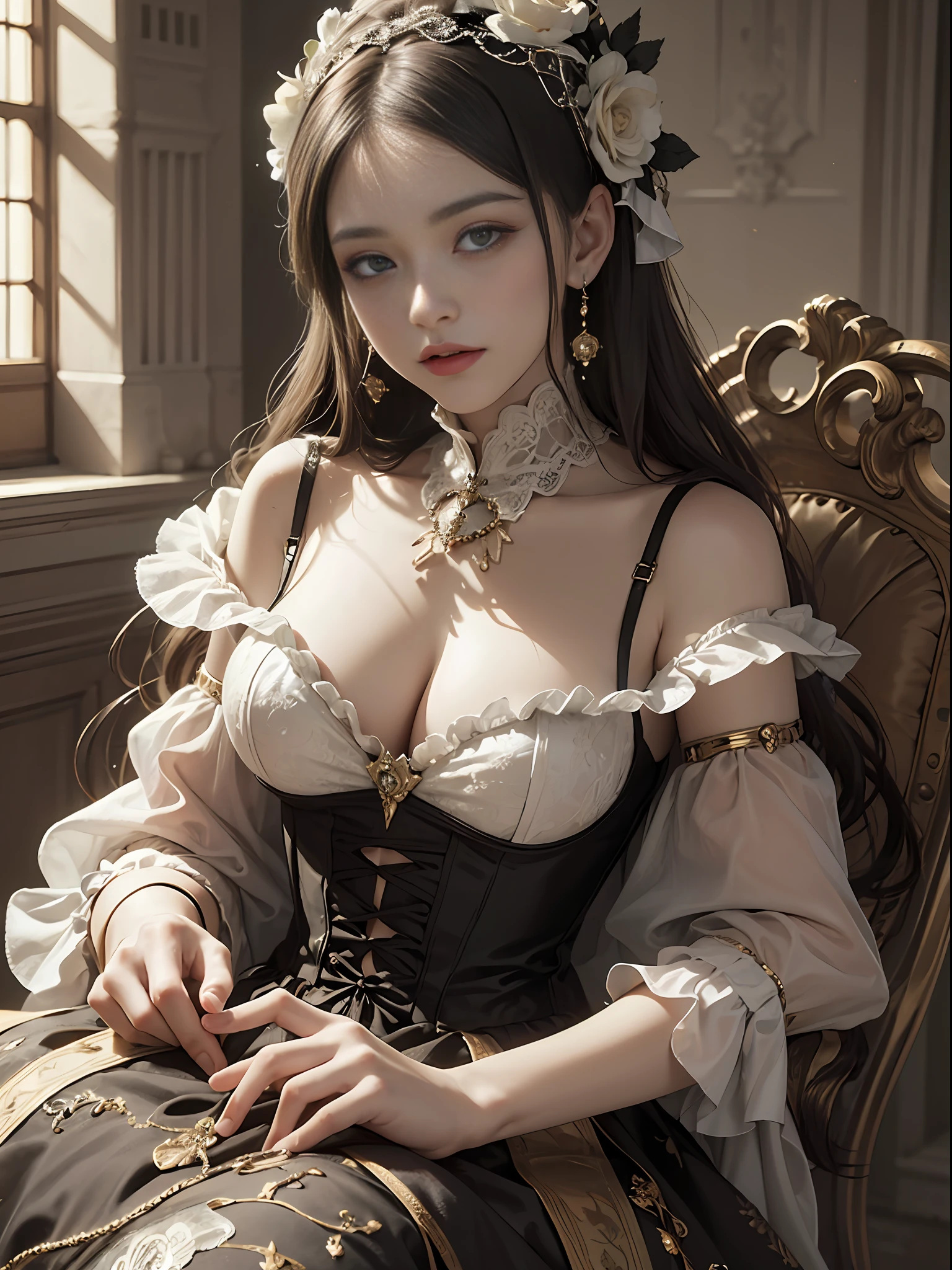 (Pure Color: 0.9), (Color: 1.1), (Masterpiece: 1,2), Top Quality, Masterpiece, High Resolution, Original, Highly Detailed Wallpaper, Beauty, Victorian, Dress, Melancholy, Big Breasts, Sepia Color, 40 years old --auto --s2