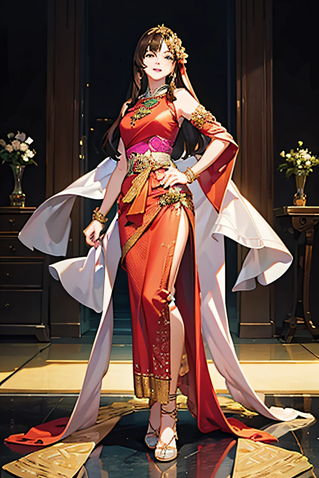 (anime style),(raw photo:1.2),official art,(extremely detailed CG:1.2), (masterpiece:1.2), (best quality:1.2),looking at viewer,(full body)
,(1girl),(long hair),standing,(thai tradition dress:1.05),pink dress,dynamic pose,(tradition shoulder shawl),((brown skirt)),(golden jewelry),
, pureerosface_v1