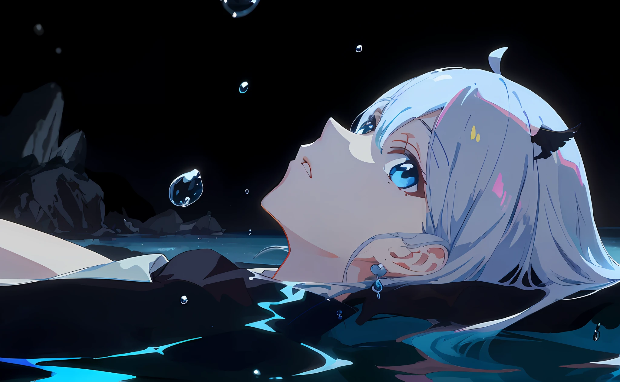 anime image of a woman floating in the water with her head in the water, anime girl on the surface of the water, waves, water drops, wading, Today's featured anime stills, (( ( ( Yoshinari Yoh) ) ), animated stills, anime movie screenshots, characters in the water, beautiful anime scenes, in anime movies, screenshots of anime from the 2012s, 8k wallpapers, masterpieces, cinematic lighting, top quality, illustrations, dramatic angles, ((color: 1.1)), ((color infra: 1.4)), 1 girl, solo, long hair, water, blue eyes, necklace, white, liquid hair, white hair, bangs, bangs, from side, silhouette, blue hair, simple background, gray background, bare shoulders, portrait, between hair, colorful hair, pink hair, white background, face lighting, dynamic lighting, cinematic lighting, ultra-realistic, high resolution, photography, sharp focus, highest detail, extreme detail, super detail, fine detail, extremely detailed eyes and face