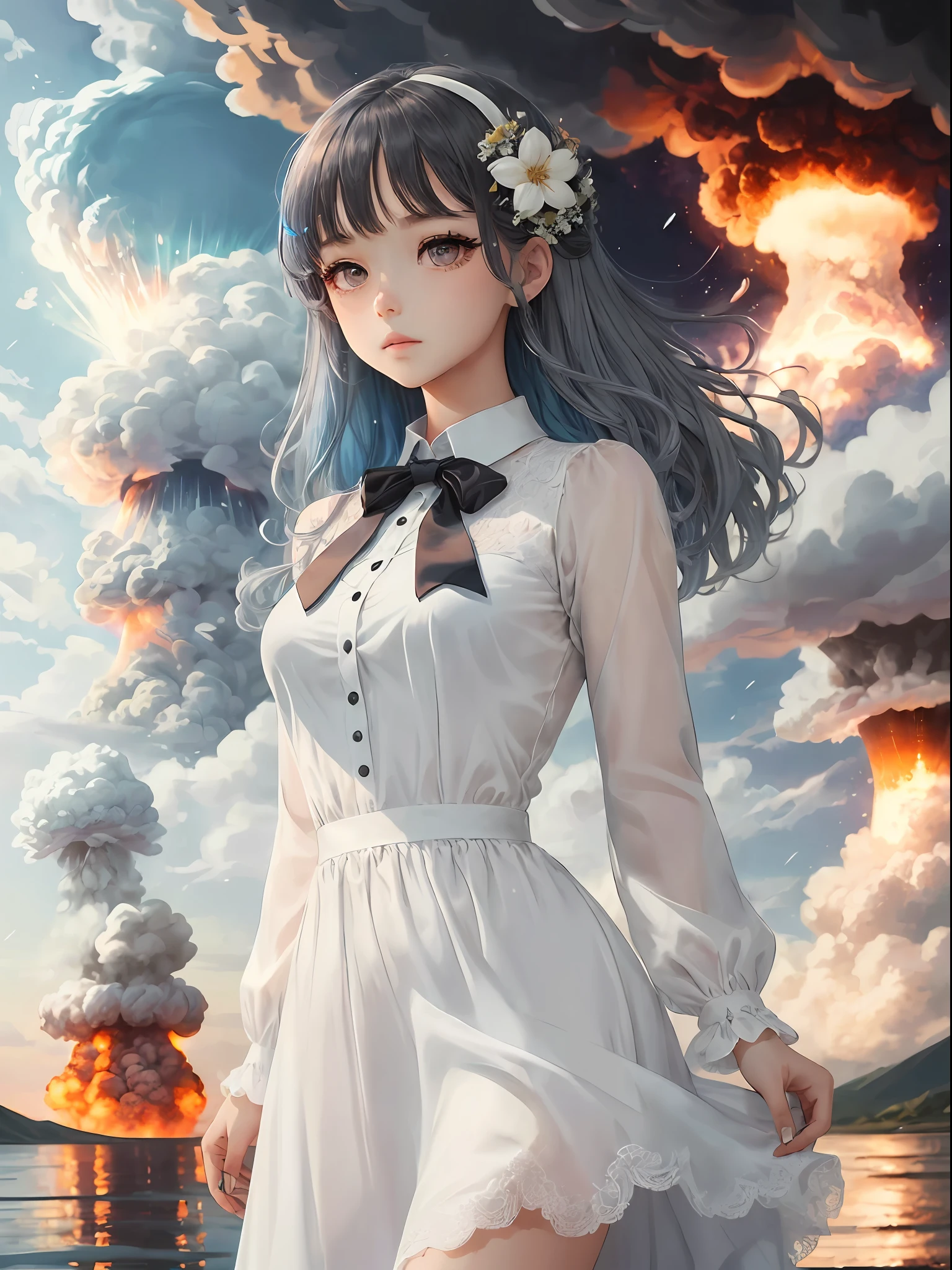 Masterpiece, Superb Illustration, {Beautiful and Delicate Girl}, Beautiful Delicate Glow, (War: 1.2), (Nuclear Explosion Behind: 1.3), Rain, Detail Lighting, Detail Water, (Beautiful Detailed Eyes: 1.1), Expressionless, Court, Sky Blue Hair (Purple Pick Dye), Loose Hair, Long Bangs, Eyebrows, (White and Gray Dress: 1.1), Black Ribbon, White Bow Tie, Upper Abdomen, Large Forehead, Dull, Flower, Long Sleeves --auto