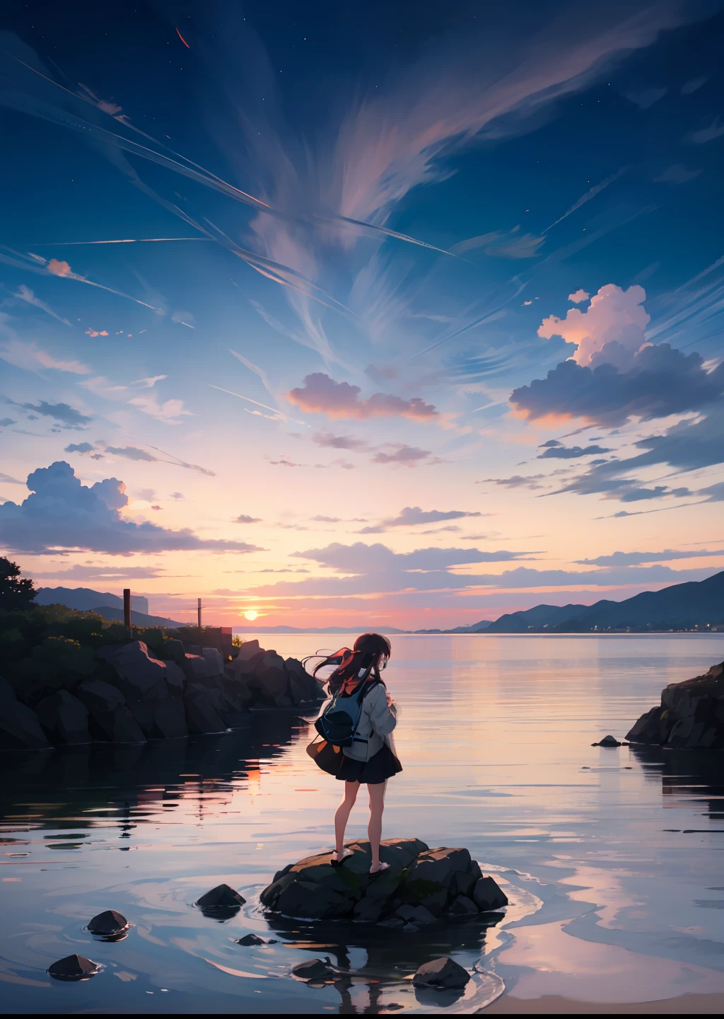 there is a woman standing on a rock in the water, girl watching sunset, looking at sunset, looking out at a sunset, watching the sun set. anime, watching the sunset, with a sunset, sunset kanagawa prefecture, at a beautiful sunset, beautiful girl on the horizon, with sunset, at sunrise, during sunrise, looking off into the sunset, during a sunset