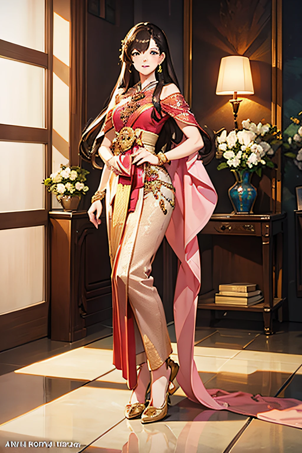 (anime style),(raw photo:1.2),official art,(extremely detailed CG:1.2), (masterpiece:1.2), (best quality:1.2),looking at viewer,(full body)
,(1girl),(long hair),standing,(thai tradition dress:1.05),pink dress,dynamic pose,(tradition shoulder shawl),((brown skirt)),(golden jewelry),
, pureerosface_v1