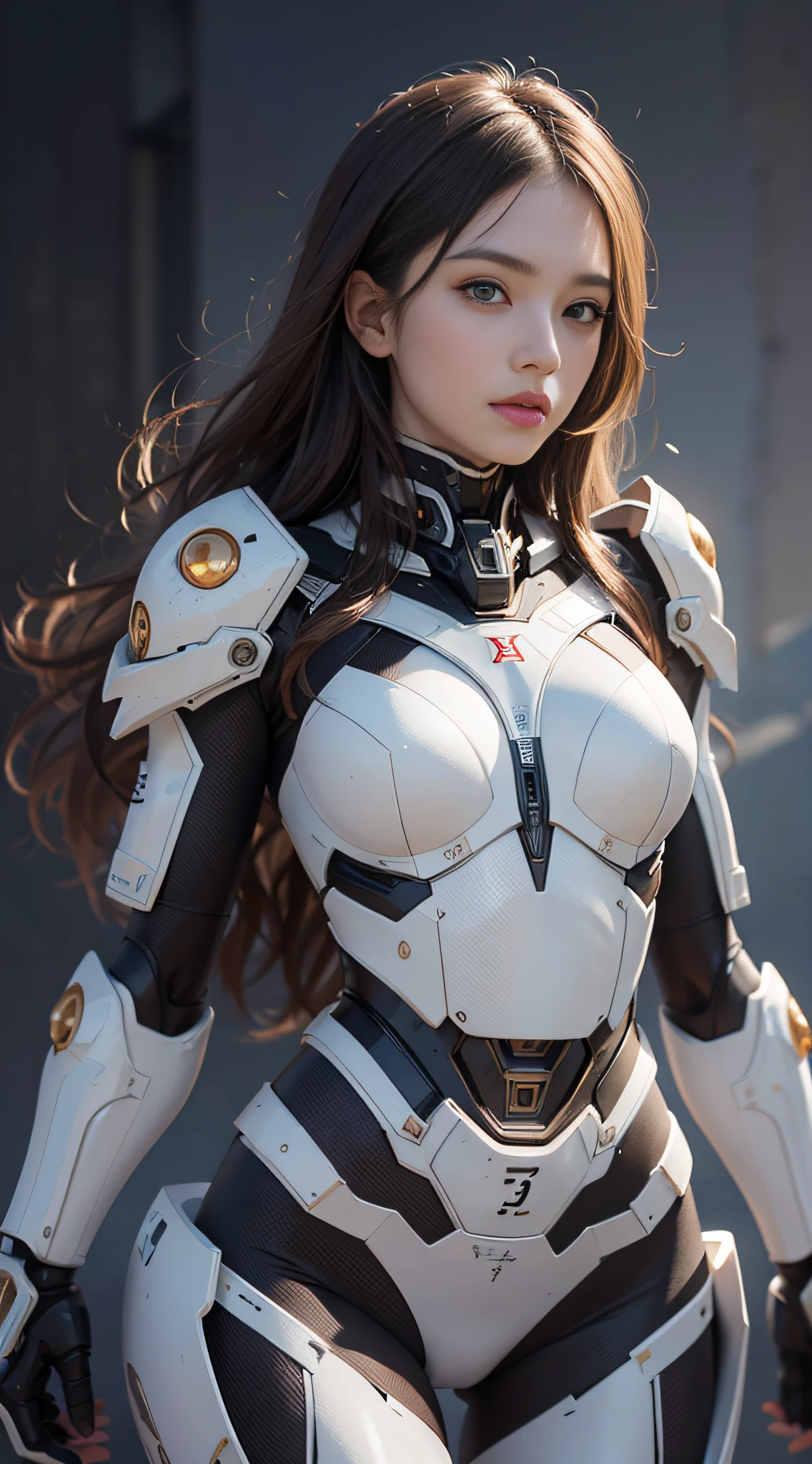 A girl looking at the audience, brunette hair, long hair, mechanical, high detail, futuristic, realism, (full body: 1.5), UHD, masterpiece, anatomically correct, super detail, best quality, high resolution, 8k, HD, white mecha, high-tech mecha, (full body: 1.5), frontal, perfect facial proportions, upright body, beautiful eyes, perfect face, detailed face, elegant, simple background, epic realism, cinematic lighting,