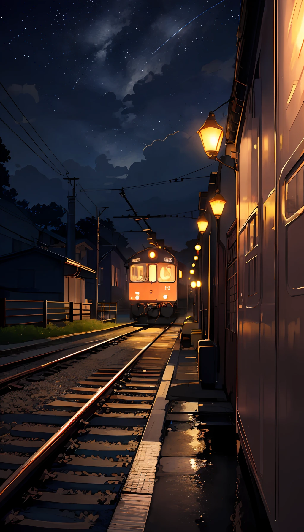 High quality masterpiece, landscape, anime train passing through bodies of water on tracks, bright starry sky. Romantic train, pixiv, concept art, lofi art style, reflection. by Makoto Shinkai, lofi art, Beautiful anime scene, Anime landscape, detailed scenery —width 672, in style of Makoto shinkai, style of Makoto shinkai, enhanced details.