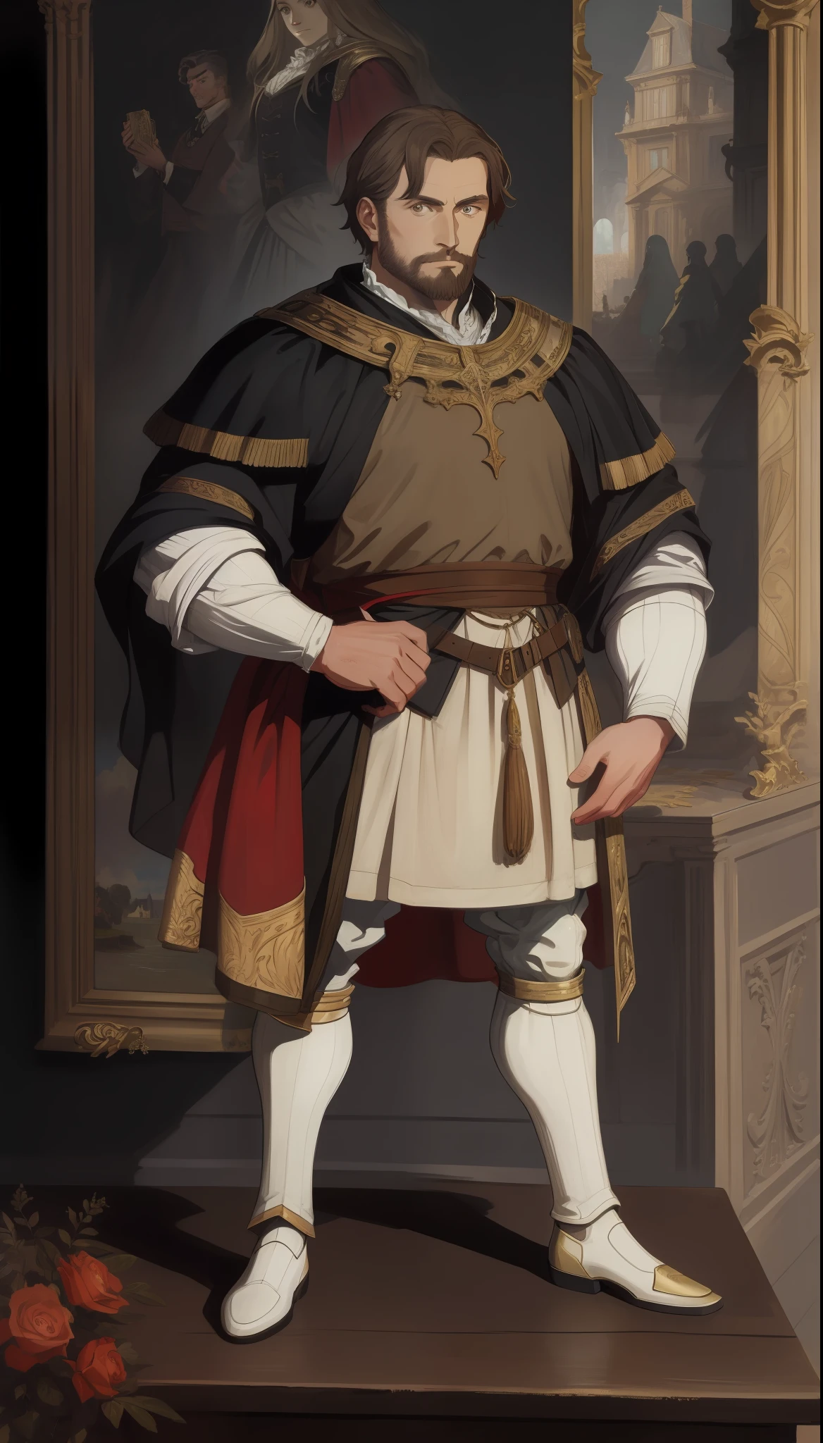 European Middle Ages, men, nobles, counts. In the background is a mansion, bust painting