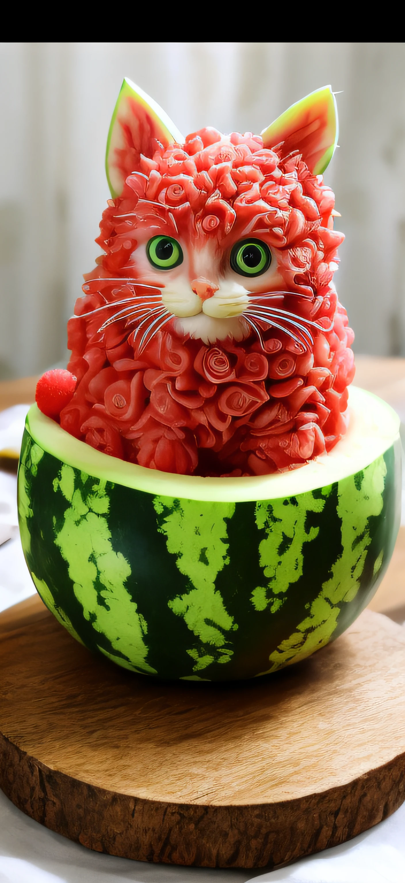 there is a watermelon with a cat made of fruit, food art, very realistic, very very realistic, cat design, cat detailed, cat masterpiece, watermelon, cute cat, made of fruit and flowers, amazing!, carving, kawaii cat, very very very realistic, by Wu Zhen, awesome cat, made of flowers and fruit, carved, sculpted out of candy, perfectly detailed