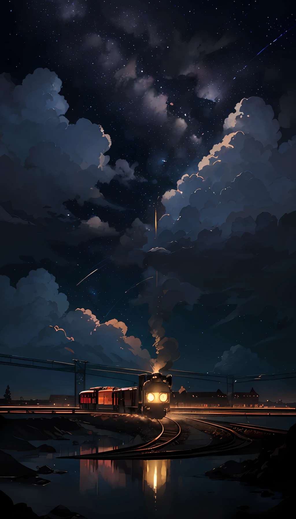 High quality masterpiece, landscape, anime train passing through bodies of water on tracks, bright starry sky. Romantic train, pixiv, concept art, lofi art style, reflection. by Makoto Shinkai, lofi art, Beautiful anime scene, Anime landscape, detailed scenery —width 672, in style of Makoto shinkai, style of Makoto shinkai, enhanced details.