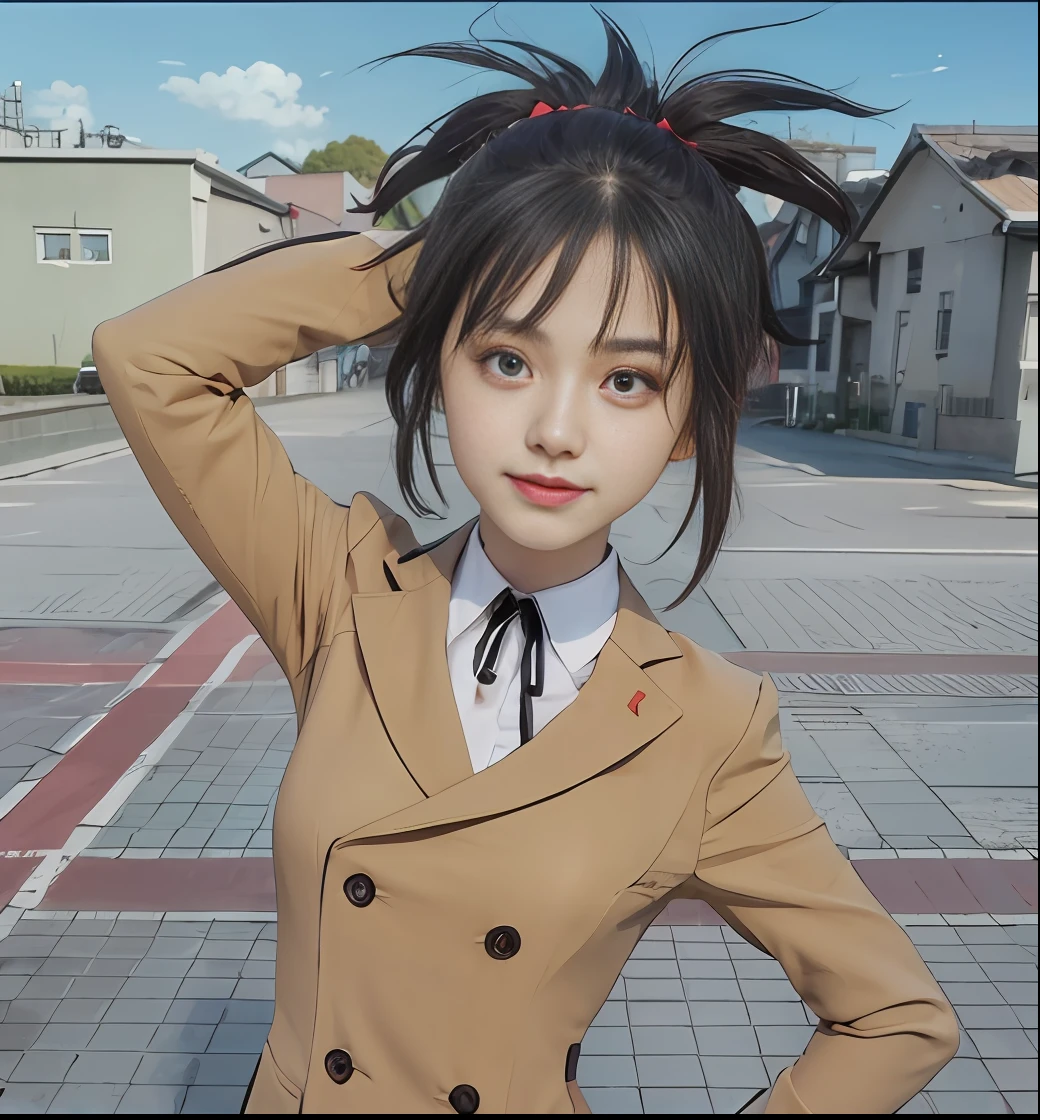 Anime character with black hair and brown coat pointed to the camera, anime girl named Lucy, inspired by Ryusaburo Umehara, Rumiko, anime style", as an anime character, inspired by Yunichi Hiratsuka, Kagekyo Killer Reborn, from the Hidden Academy, inspired by Munakata Shimitsu, big brown eyes, hair tied up, red headband, pursed mouth, smile