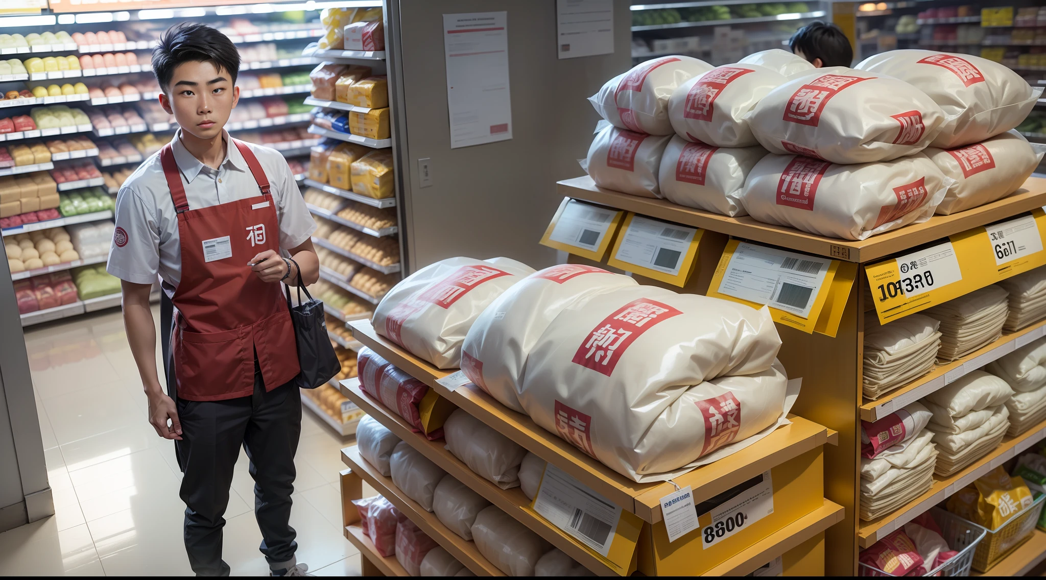 A young man stands in front of the cash register with 10 bags of rice in bags, 10 bags of flour in bags, and a dozen bags of hanging noodles in bags, and a young Chinese guy standing next to him, wearing a supermarket uniform
