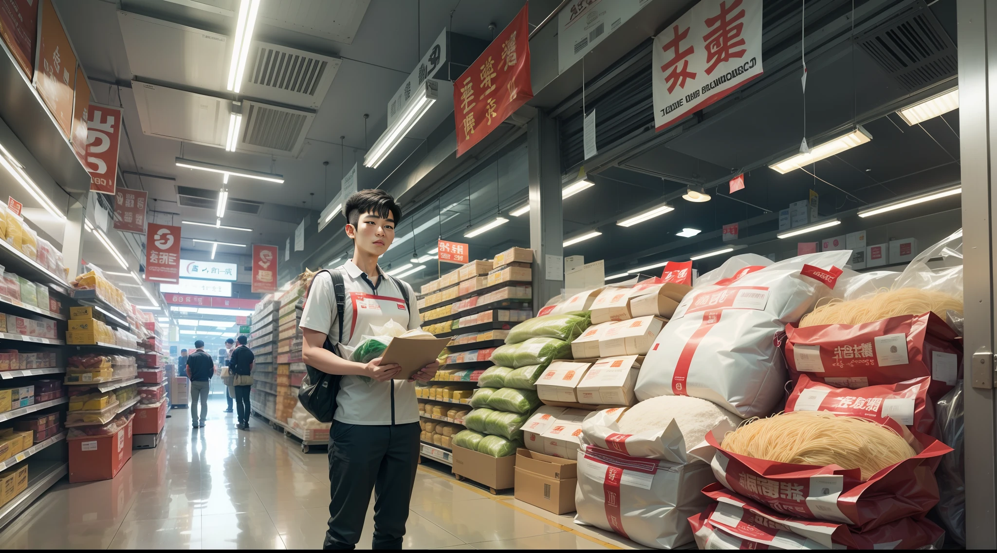 A young man stands in front of the cash register with 10 bags of rice in bags, 10 bags of flour in bags, and a dozen bags of hanging noodles in bags, and a young Chinese guy standing next to him, wearing a supermarket uniform
