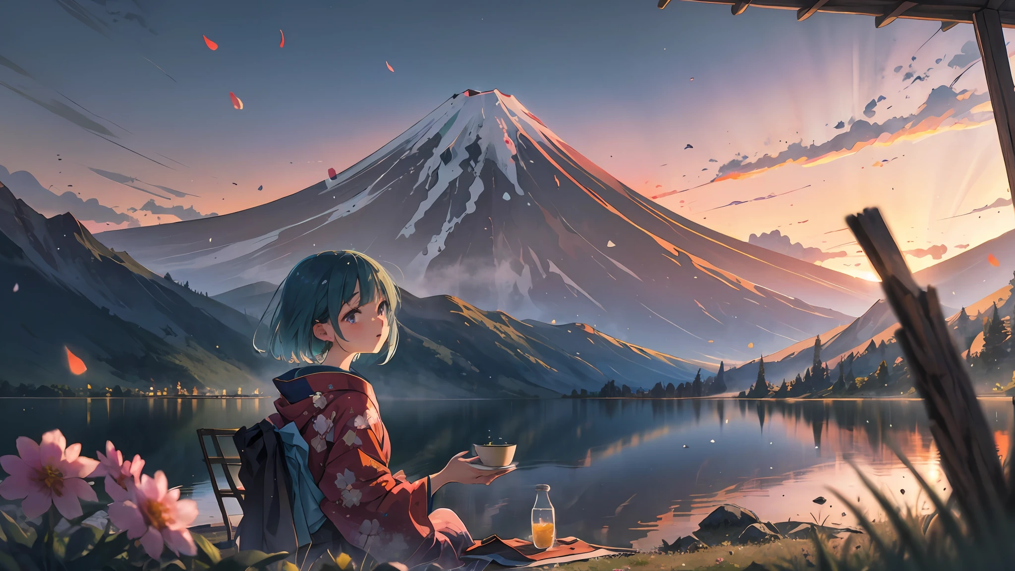 best quality, masterpiece, extremely detailed, detailed background, anime, 1girl, young girl, short girl, hands down, kimono, retro, mount fuji lansdscape, outdoors, sunset, beautiful sky, lake picnic, landscape, scenery, horizon, mountain sitting near mountain, wind, flower petal, looking away, atmospheric lighting, solo focus, close up, from side, depth of field, bokeh