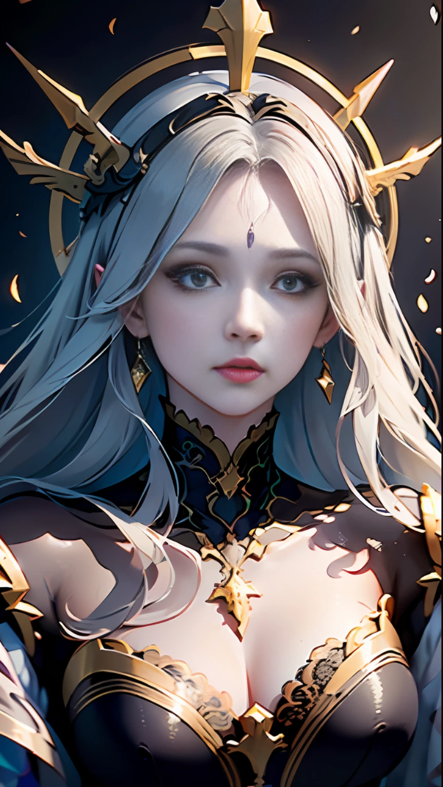 Masterpiece, golden, best quality, ultra-detailed, enchanting facial features, black damask lace, dark painting style,a closeup portrait of a Evil goddess, long hair, celestial