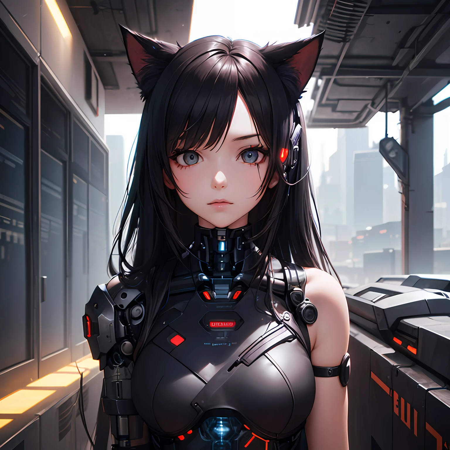 ((metal)),kid girl with long metal hair,((cyborg))), cat ears, cyberpunk style,(((complex details)),hdr,(complex details, ultra detail)))), cinematic shot, vignette --auto