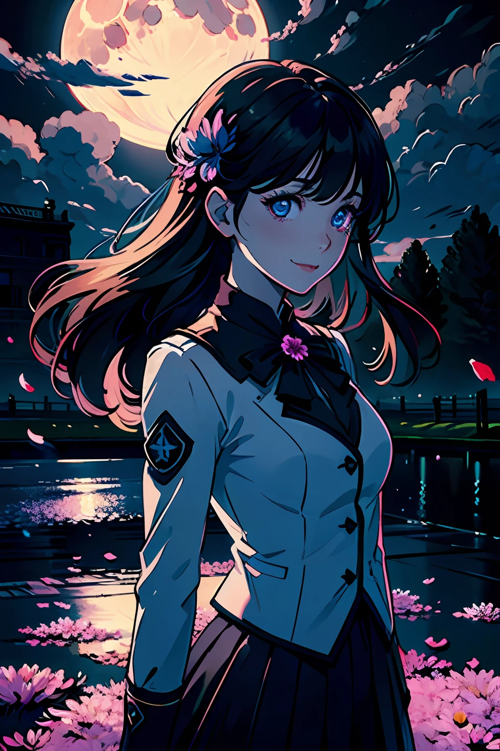 Masterpiece, best quality, 1girl, (color), (delicate beautiful eyes and delicate face), cinematic lighting, bust, very detailed CG uniform 8k wallpaper, long hair, solo, smile, complex skirt, ((flying petals)), (Flowery meadow) sky, cloudy_sky, building, moonlight, moon, night, (dark theme:1.3), light, fantasy,