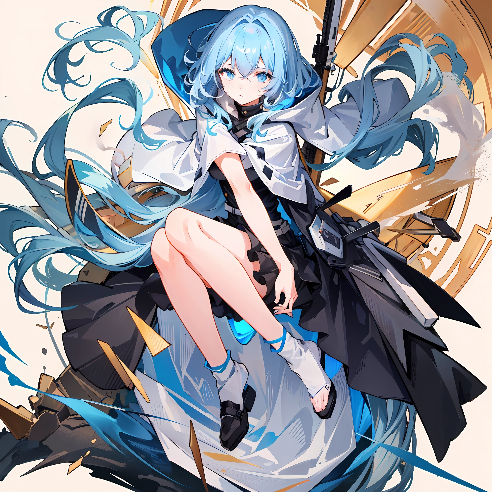 Ultra HD 2D art, close-up (1 female), light blue hair, 2D animation style, soft and delicate depiction, (full body art), landscape mode, masterpiece by Guweiz and James Jean, (full body), a gunman, musket, assassin's hood costume, short blue hair, glowing blue eyes, dashing, cold, beautiful, blowing_smoke, background is blue-black flowing smoke, ambilight