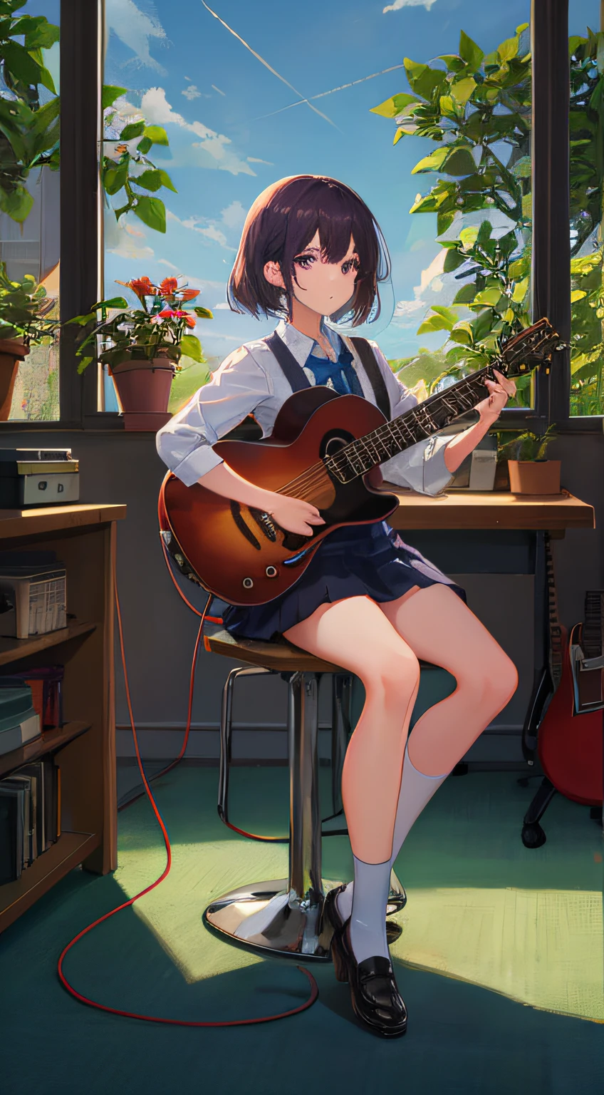 masterpiece, best quality, high resolution, solo, purple eyes, kahuka 1, guitar, musical instrument, 1 girl, solo, plant, cat, potted plant, electric guitar, classroom, sitting