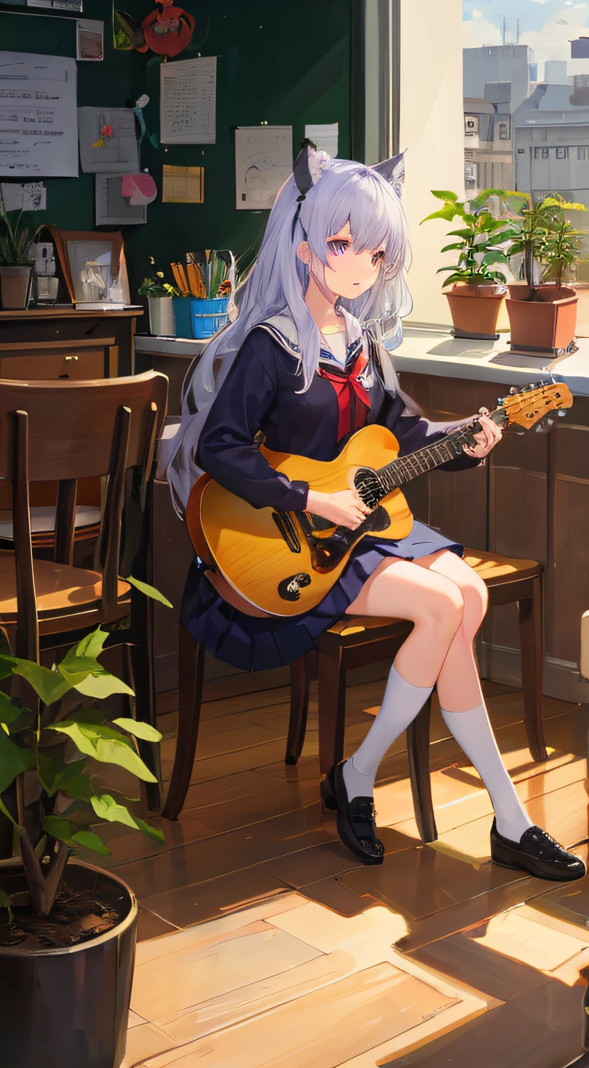masterpiece, best quality, high resolution, solo, purple eyes, kahuka 1, guitar, musical instrument, 1 girl, solo, plant, cat, potted plant, electric guitar, classroom, sitting