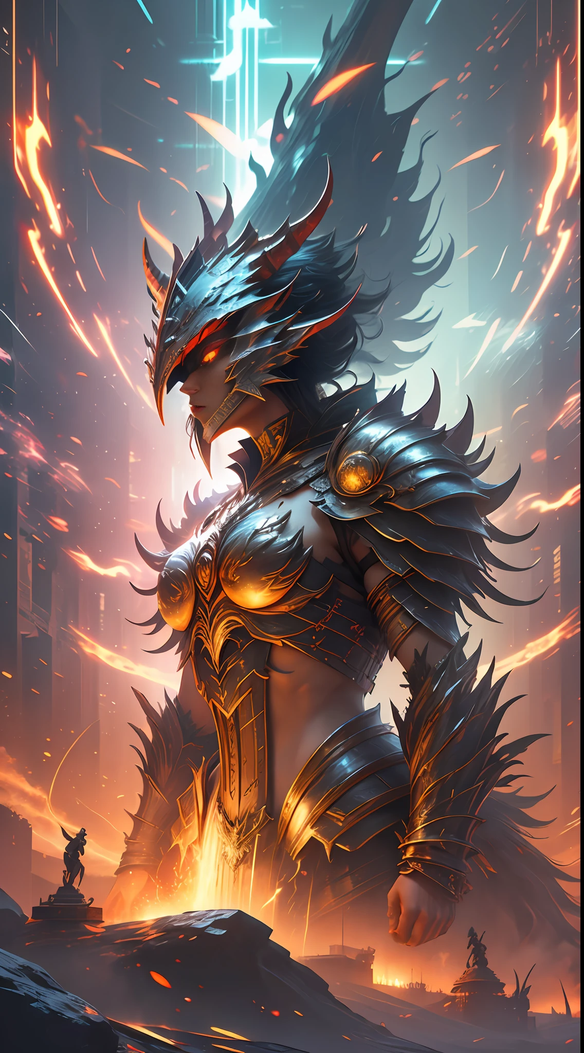 Cinematic effects, black and red demon armor, strong luster of armor, murderous armor style, with devil ornaments, exaggerated devil horns, spikes, and its complex armor, exaggerated huge devil wings, visual impact, holding a square halberd, battle posture display, motion photography, distant Athena statue, perfect details, 8K, top painting, scene magic, outdoor photography, concept art, epic composition, with HD details, metallic texture and tension composition, hyper-realistic, ultra-realistic, rich in detail, 3D. C4D,