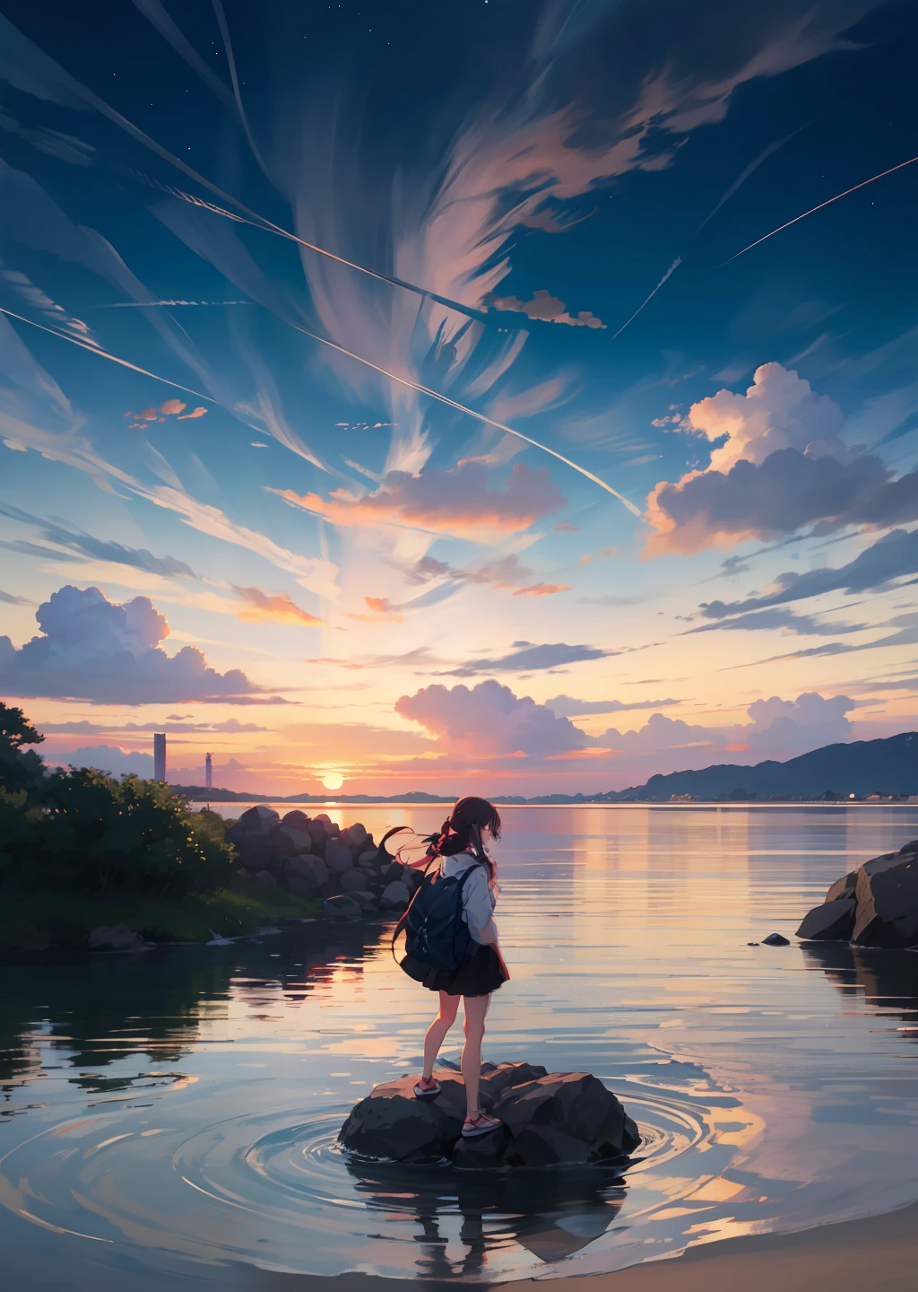 there is a woman standing on a rock in the water, girl watching sunset, looking at sunset, looking out at a sunset, watching the sun set. anime, watching the sunset, with a sunset, sunset kanagawa prefecture, at a beautiful sunset, beautiful girl on the horizon, with sunset, at sunrise, during sunrise, looking off into the sunset, during a sunset