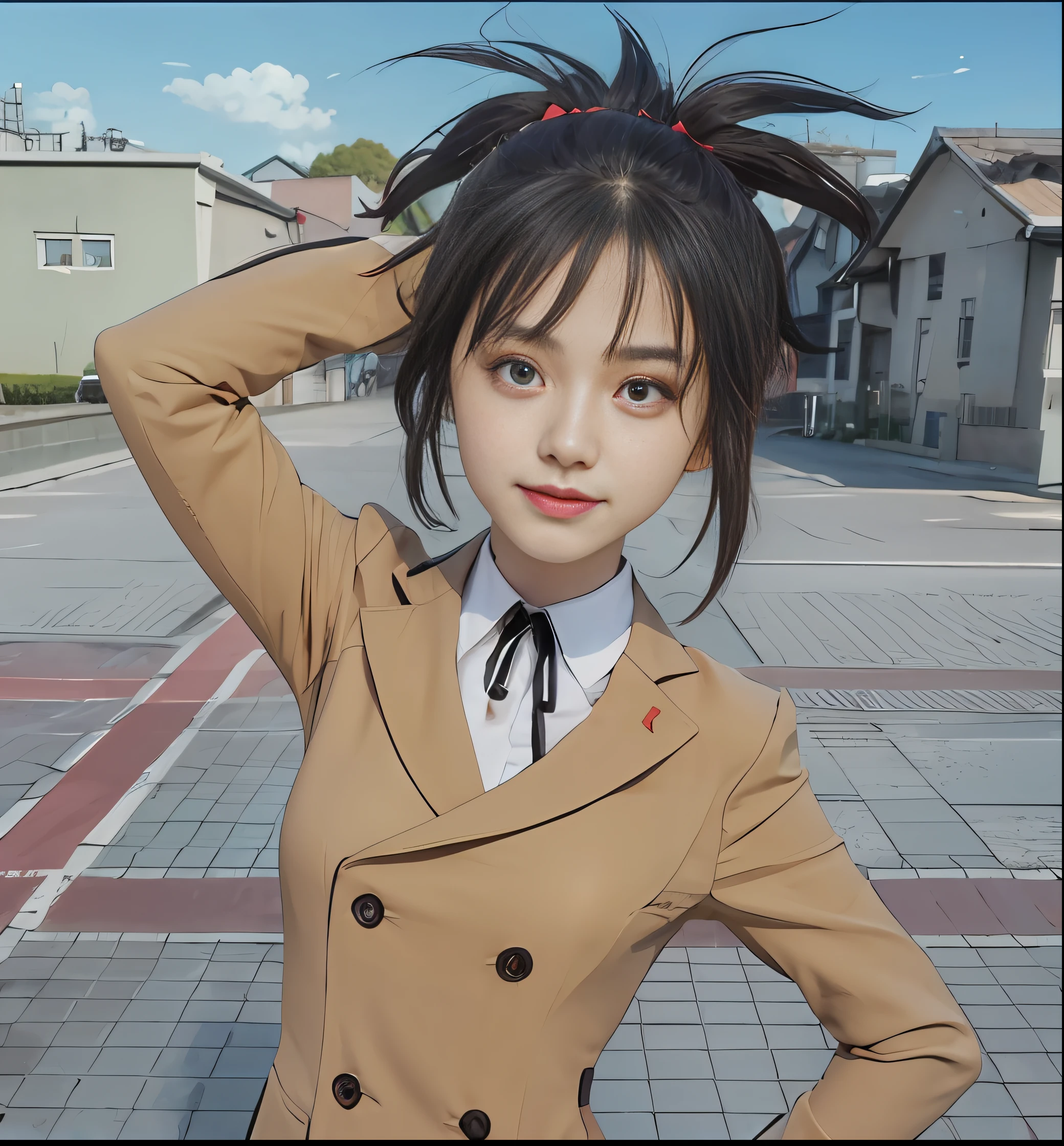 Anime character with black hair and brown coat pointed to the camera, anime girl named Lucy, inspired by Ryusaburo Umehara, Rumiko, anime style", as an anime character, inspired by Yunichi Hiratsuka, Kagekyo Killer Reborn, from the Hidden Academy, inspired by Munakata Shimitsu, big brown eyes, hair tied up, red headband, pursed mouth, smile