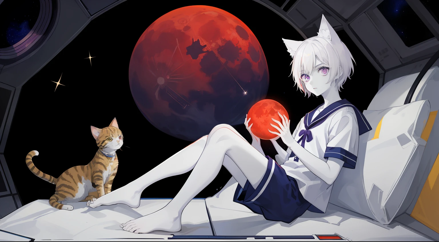 ((Pale Skin)), (Little Boy), (Red Moon), (Short Hair), (Purple Eyes), (White Hair), (Blue and White Striped Sailor Suit), (Blue and White Striped Shorts), (Barefoot), (Happy), (Cat Ear Tail), (Handsome), (Lying on the Moon), (Zombie), (Space Station Background)