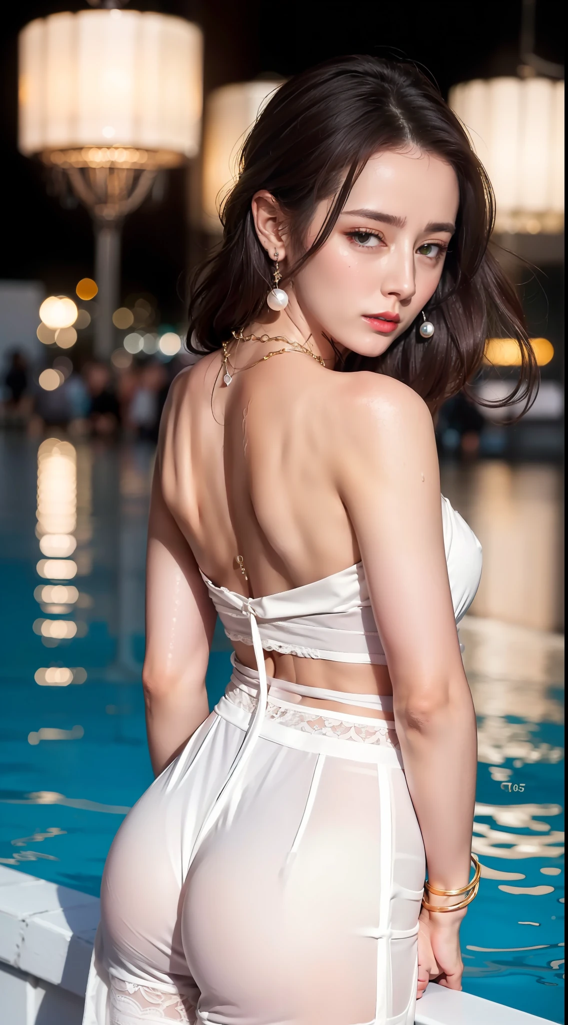 (Reality: 1.2), (Realistic: 1.4), (Clarity: 1.2), (A Woman), , ((Height: 1.75))), ((Breast: 2.0), (Areola: 2), (Abs: 0.7), (Buttocks: 2.2), (Body Fat Ratio: 6.0)), (Healthy Skin, Thin Skin, Seductive Expressions, Double Eyelids, Jelly Textured Lips, Glowing Lips, Cherry Small Mouth, Small Upturned Lips, Lip Studs Under the Lips, (((Flawless Skin Texture))), (Realistic Skin Pore Details), Textured Skin, (Wearing Gemstones, Pearls, Emerald, Amber,), (Dynamic Hair, high ponytail hairstyle, layered hair, wet hair, loose hair, wet skin texture), (((sweating all over the body))), shiny skin, glowing skin, radiant, ((eyes looking at the camera)), high quality detailing, cinematic lighting, ((backlight)), ridiculous, incredibly ridiculous, huge file size, super detailed, high resolution, very detailed, best quality, masterpiece,, illustration, very detailed, CG, unified, 8k wallpaper, amazing, fine detail, masterpiece,, Light on the face, backlight, cinematic lighting, ((((dynamic shot, focusing on the person))), ((back to the lens)), ((seen from behind))), (perfect body proportions)), (no panties)))), (no pants))), ((no socks))), (no skirt))), ((no shoes))), (dynamic pose)))), (sleeping pose))), (half-body))), (dynamic arm))), (legs apart)))), (leaning down)))), (Greek feet), (camel toes), ((correct anatomy))), (((lace shirts)))), (((soaked))), (gemstones, diamonds, pendant necklaces, waist chains, stud earrings, earrings, bracelets, anklets)), ((in the sea)))), ((petals floating on the surface of the water)))), ((22 pm))),
