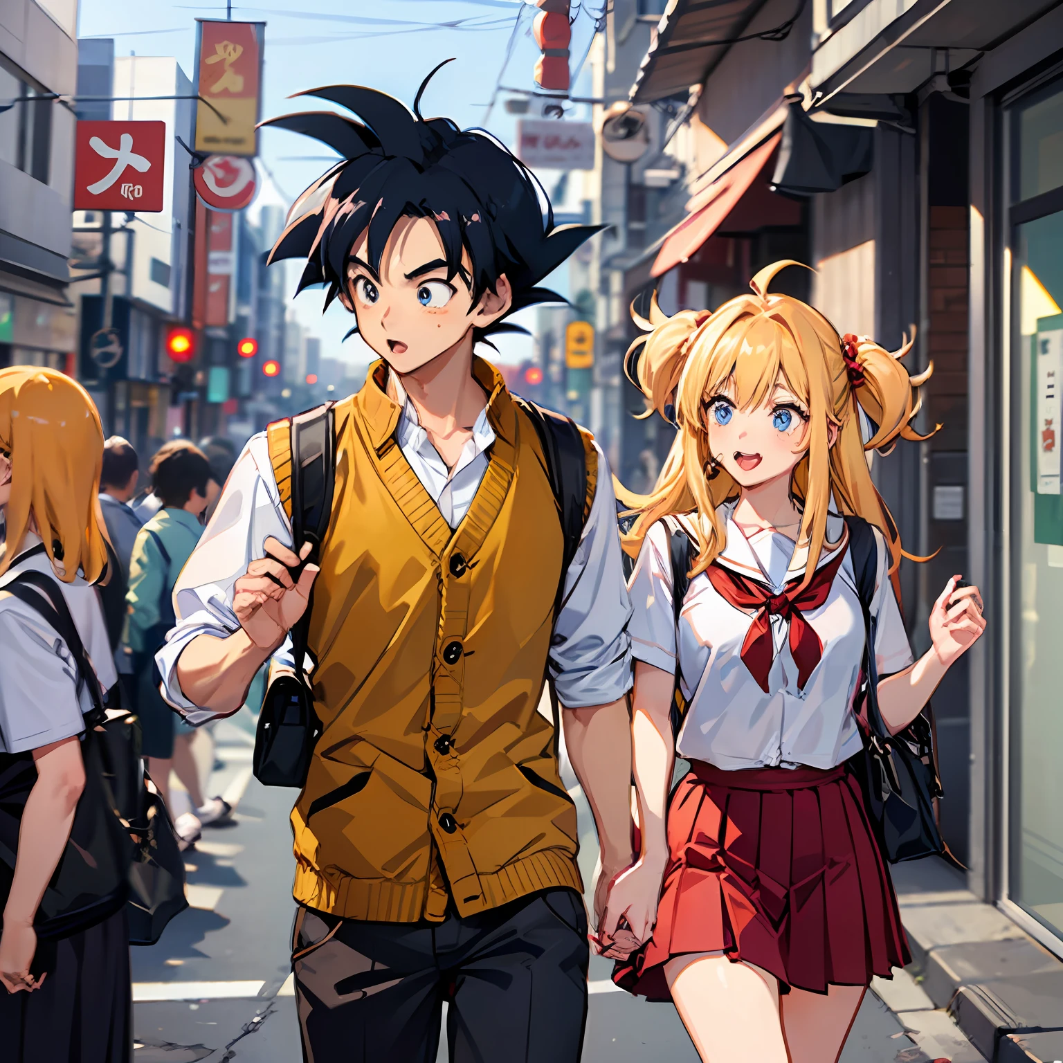 goku, super sayain, with friend, japanese school uniform, eating meat pie, walking