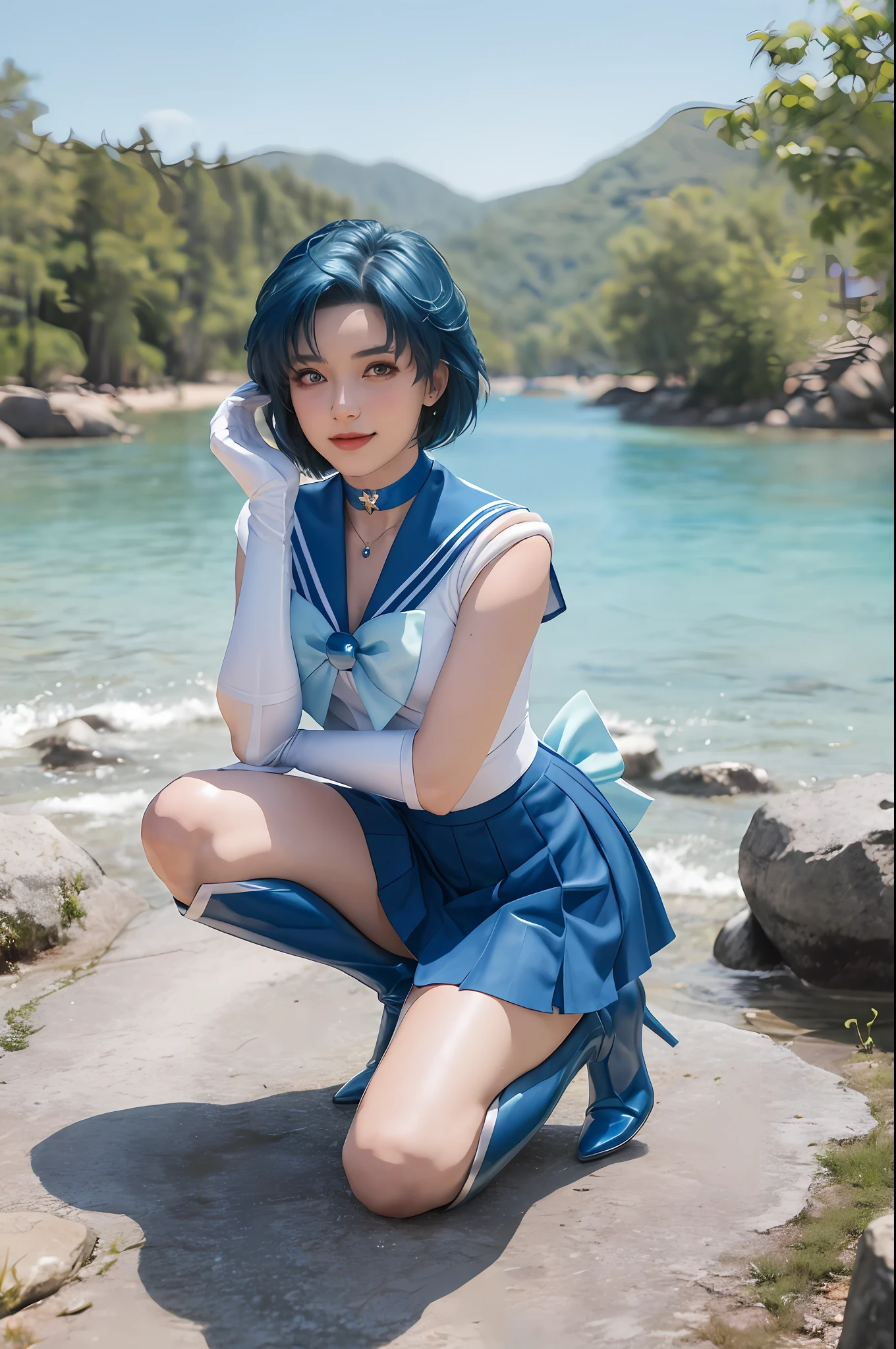 1girl, smile, delicate facial features, breasts, gloves, lips, solo, sailor mercury, blue eyes, smuniform, mer1, tiara, sailor senshi uniform, (RAW photo, best quality), masterpiece, ridiculous, sexy, floating short blue hair, blue sailor collar, bow, (over-the-knee boots: 1.1), choker, white gloves, Blue choker, elbow gloves, jewelry, earrings, blue skirt, sole, full body, blue hair, (perfect hand drawn): 3.8, octane rendering, water god,