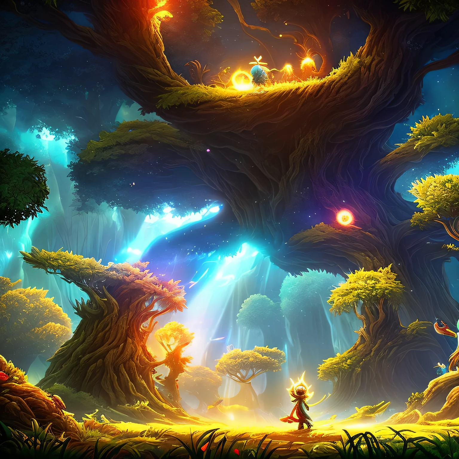 Spirit Tree, Dusk Ray, Golden Light, (Ori and the Blind Forest), (Ori and the Will of the Elves), 2D Game, Digital Art, Realistic Proportions, Sharp Focus, (HDR), (8K), (Gigapixels), ((Masterpiece)) --auto