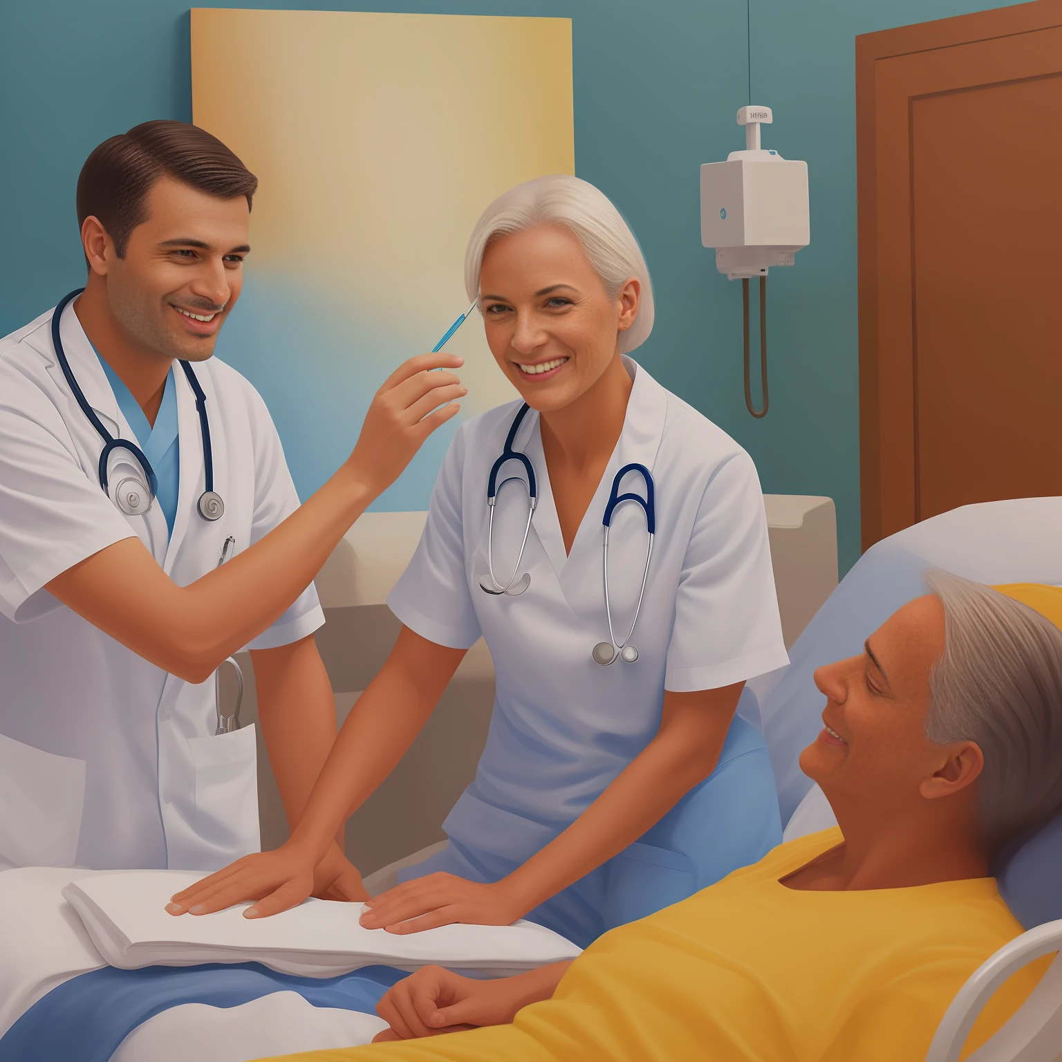 Color a smiling doctor attending to the patient in the hospital. Canvas painting. The image should convey relaxation. Cinematic quality painting, colorful, with well-defined colors, exceptional 8K colors, highlighting every detail, revealing the perfection of the character's facial expression.