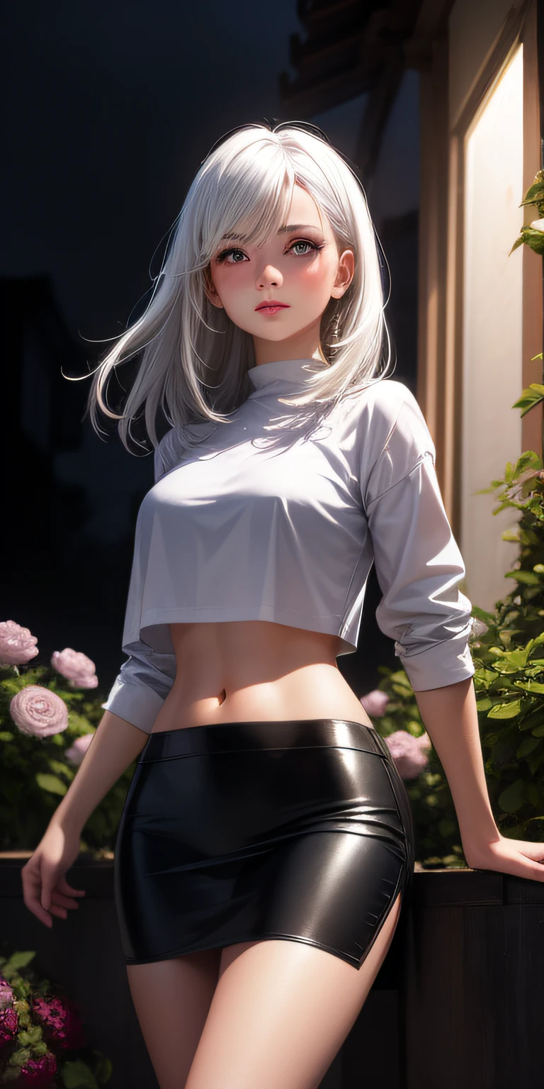 realistic, 1girl, white hair, purple eyes, glowing eyes, crop top, skirt, parted lips, blush, night, flowers, sun, sunlight,