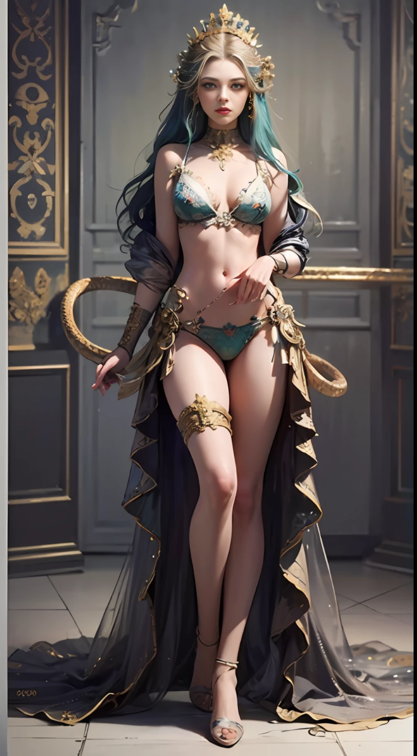 ((highest quality)), ((masterpiece)), ((real)), medusa, full body, hair made up of countless small snakes, green eyes, female face, metal sculpture top, royal aura, aphrodisiac, (((without bra)) art station trend, sharp focus, studio photography, complex details, highly detailed, detailed eyes, illustrations, highly detailed, sharp focus, digital rendering, professional, 4k
