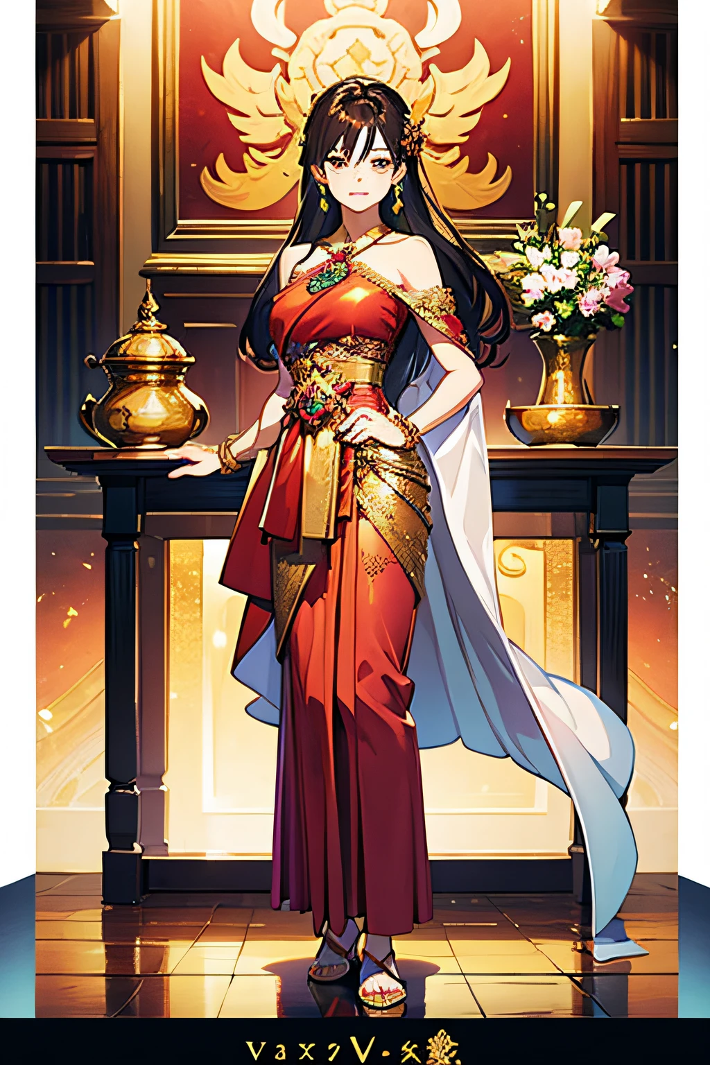 (anime style),(raw photo:1.2),official art,(extremely detailed CG:1.2), (masterpiece:1.2), (best quality:1.2),looking at viewer,(full body)
,(1girl),(long hair),standing,(thai tradition dress:1.05),pink dress,dynamic pose,(tradition shoulder shawl),((brown skirt)),(golden jewelry),
, pureerosface_v1