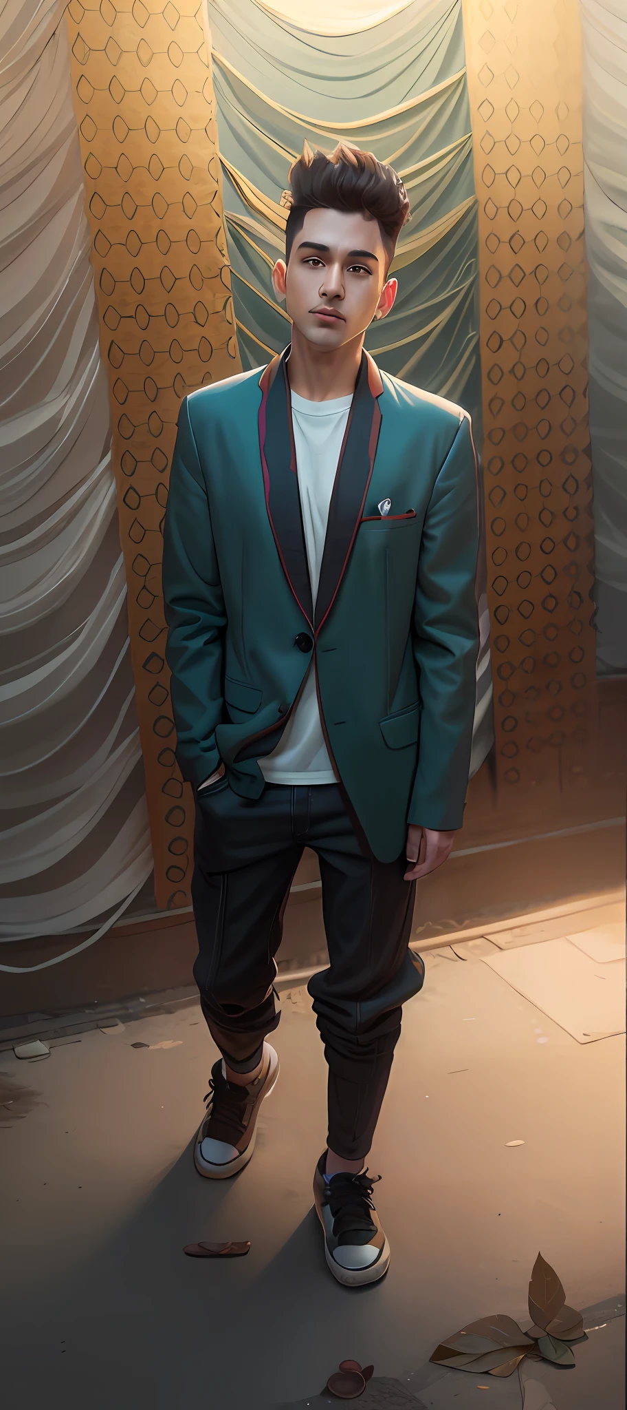 arafed man in a green jacket and black pants standing in a room, cinematic full body shot, teal suit, full body portrait shot, wearing green suit, cinematic outfit photo, wearing green jacket, full body photogenic shot, cinematic full shot, mid shot portrait, wearing a fancy jacket, with hands in pockets, green suit and bowtie, portrait full body