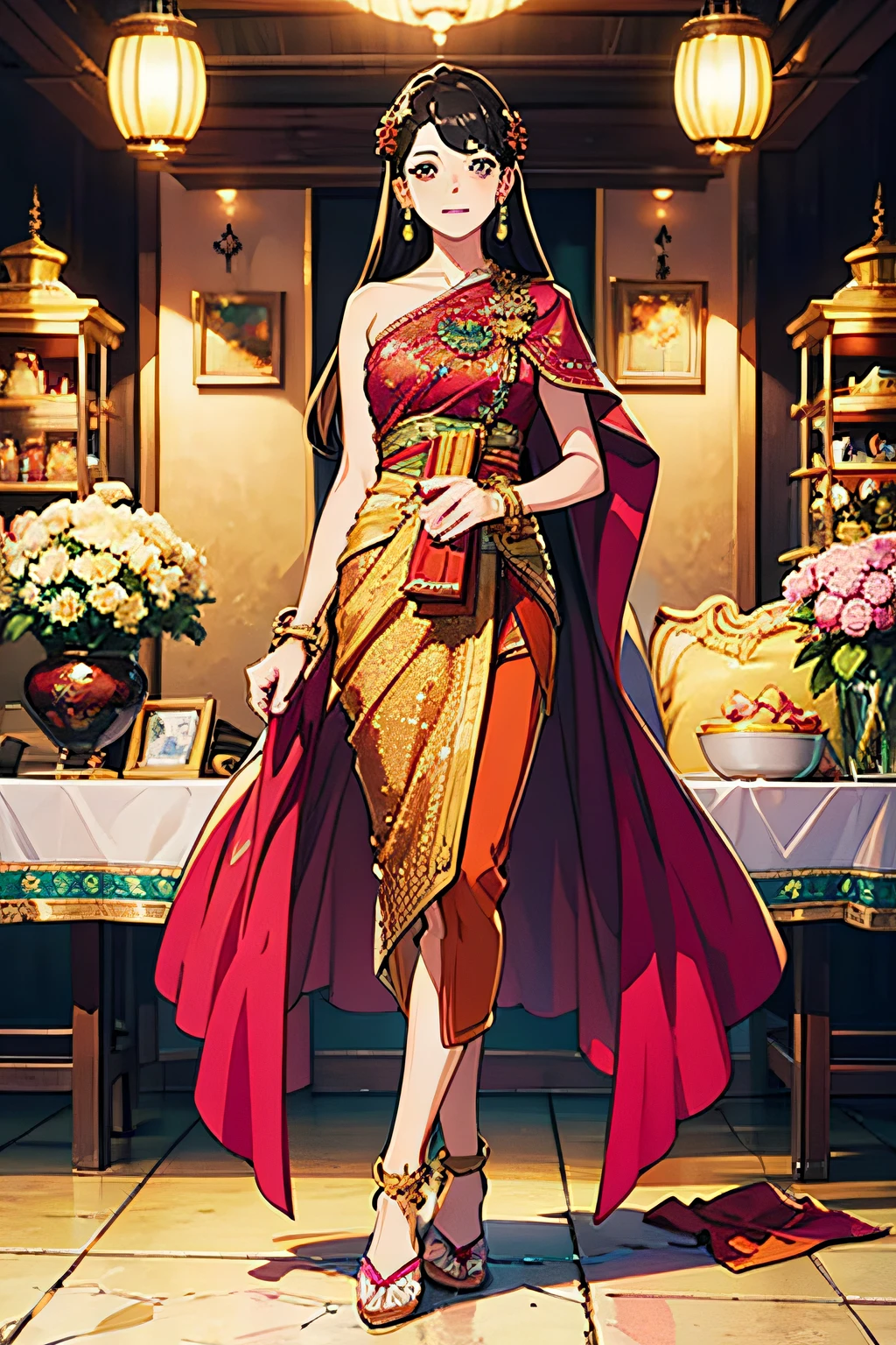 (anime style),(raw photo:1.2),official art,(extremely detailed CG:1.2), (masterpiece:1.2), (best quality:1.2),looking at viewer,(full body)
,(1girl),(long hair),standing,(thai tradition dress:1.05),pink dress,dynamic pose,(tradition shoulder shawl),((brown skirt)),(golden jewelry),
, pureerosface_v1