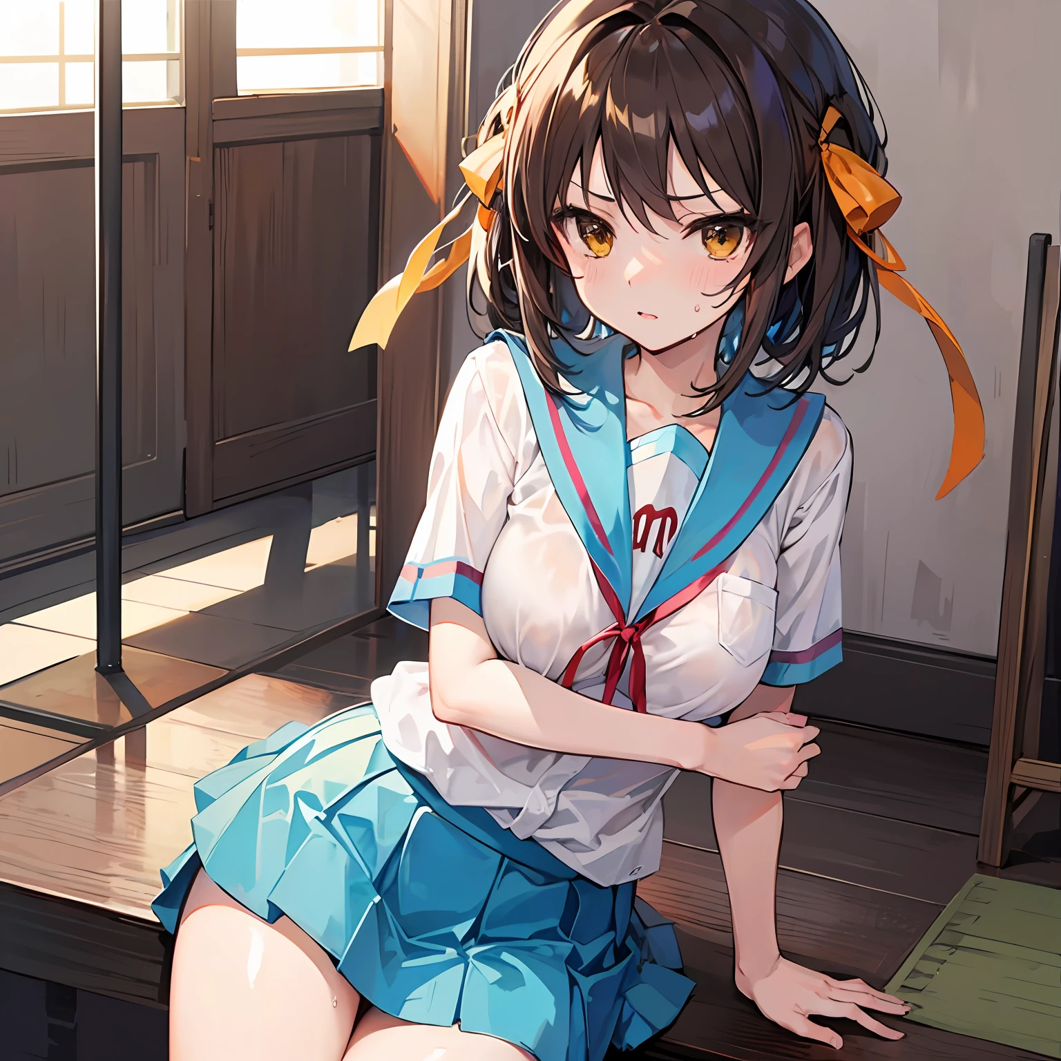 Best Quality Haruhi Suzumiya School High School Uniform Sweat Sheer White Shirt Beige Bra Small Tits Sexy Skirt Flipping Angry