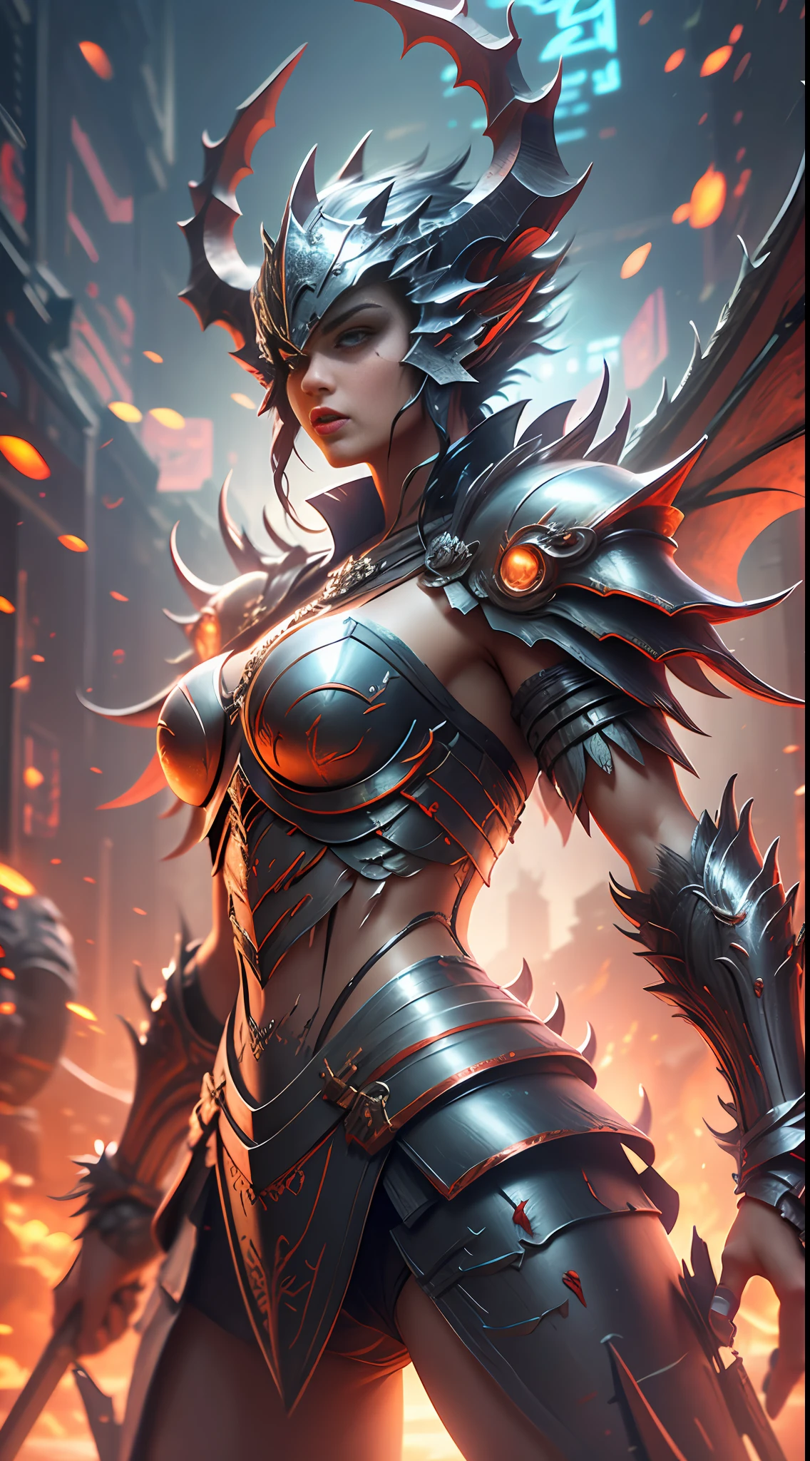 Cinematic effects, black and red demon armor, strong luster of armor, murderous armor style, devil ornamentation, exaggerated devil horns, spikes, and its complex armor, exaggerated huge devil wings, western dragon, visual impact, holding a square halberd, battle posture display, motion photography, distant Athena, perfect detail, 8K, top painting, scene magic, outdoor photography, concept art, epic composition, with HD detail, metallic texture and tension composition, hyper-realistic, ultra-realistic, rich in detail, 3D. C4D,