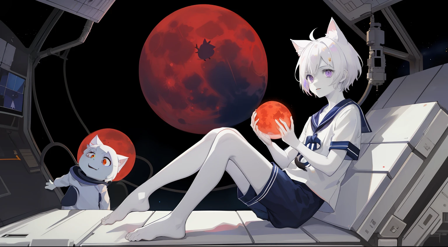 ((Pale Skin)), (Little Boy), (Red Moon), (Short Hair), (Purple Eyes), (White Hair), (Blue and White Striped Sailor Suit), (Blue and White Striped Shorts), (Barefoot), (Happy), (Cat Ear Tail), (Handsome), (Lying on the Moon), (Zombie), (Space Station Background)