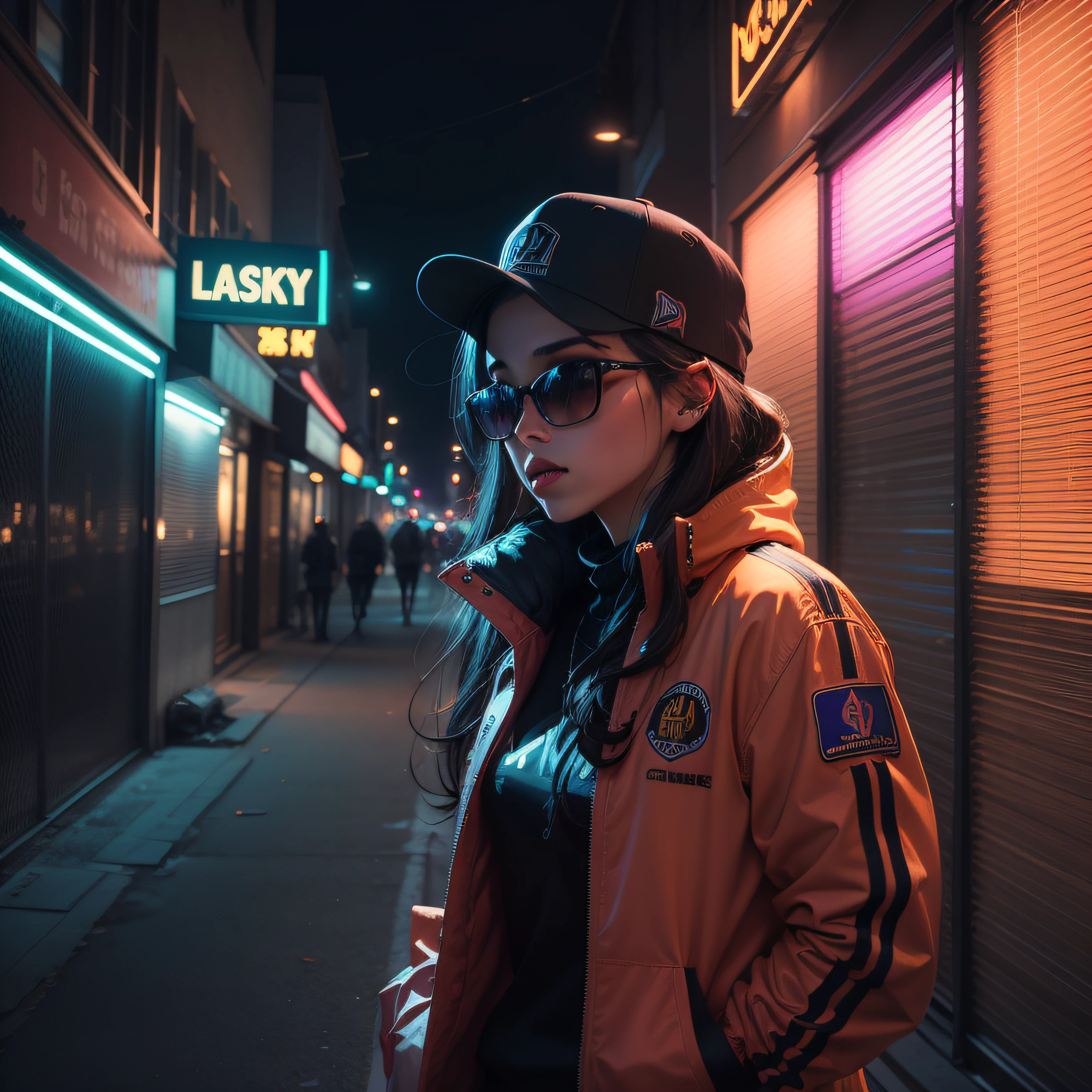 "A woman, with an attractive body, in a basquet jacket with the colors of the Lakers, cap and sunglasses, standing at a deserted night club. The environment is dark, with lighting that highlights the shadows. The scene conveys an intense sense of loneliness and isolation. Music equipment and distant lights are obscured by the night, producing trails of colorful and vibrant lights in the background. The camera is positioned at a dynamic angle, as if it were a film shot, giving a sense of action and suspense."