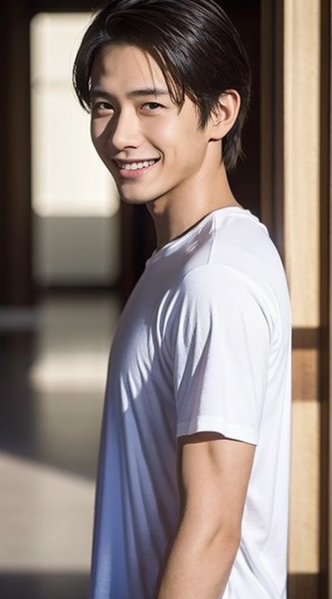 young man, sharp focus, cinematic shadow, white t-shirt, smile, honeycomb, whole body, from the side,