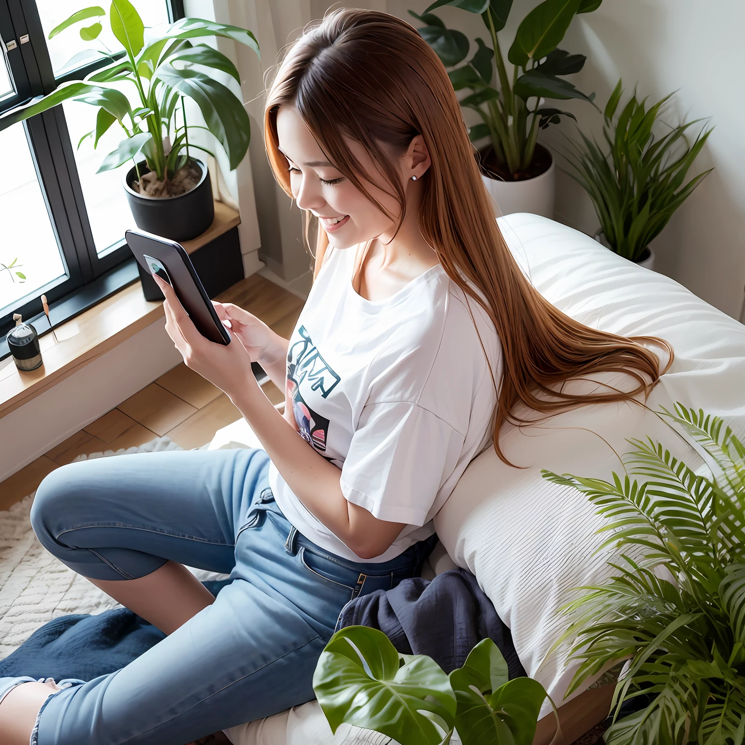Woman doing LINE on smartphone, angle of view from above back, woman with long hair, white t-shirt, denim pants, in room, bed, houseplant, sitting on bed, holding smartphone in left hand, happy expression
