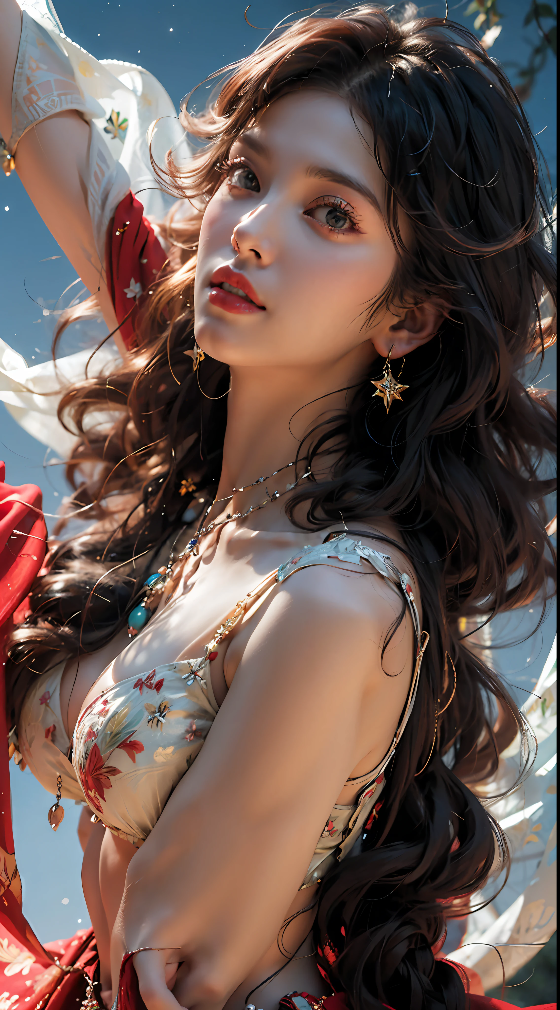 (extremely detailed CG unity 8k wallpaper,masterpiece, best quality, ultra-detailed, beautiful detailed eyes:1.2),best illumination, (best shadow, an extremely delicate and beautiful, bloom),exotic_dance,.1girl,solo,(brown eyes,big eyes),(red jewel), long skirt,collarbone,((gigantic hanging breasts:1.2)),navel, long hair, earrings, necklace, black hair, breasts, midriff, armpits, skirt, sky, red skirt, hair ornament, (dancer,dance posture), breasts, beads, circlet, blue sky,veil,.Beautiful facial features,Wings,starry sky,full body,Complex decoration,Black Armor,Best quality,masterpiece,upper body shot,close face,looking at the audience,Anime face,2.5D,8k. Strong lighting,light and shadow texture,texture details.