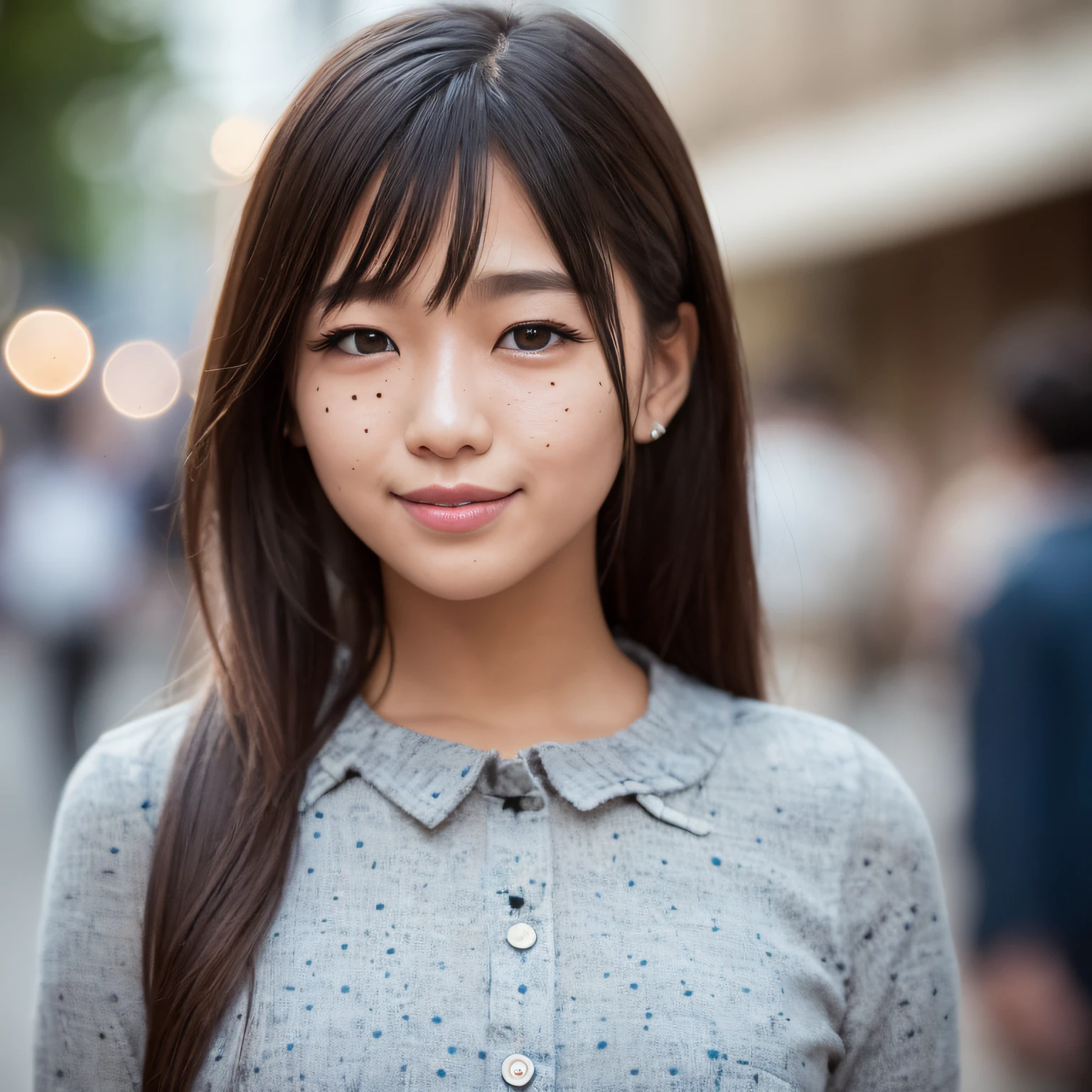 (skin spots: 1.2),, Black eyes, 1 female, 10 years old, ((Female))), Solo, Realistic, Best Quality, Photorealistic, Masterpiece, 8K, High Resolution, Highly Detailed Face, (Professional Lighting, Bokeh), (Light particles, Lens Flares, Luminous Particles: 0.6), (Dynamic Pause: 1.2), Soft Lighting, Top Angle View, Fashionable and trendy atmosphere, Japan, Street, Tokyo, City, ((Daytime)), Sky, Wire Cable, ((Viewer: 1)), (Look at the Camera), (Portrait: 0.6), Cowboy Shot, Standing, Keep Original Face Proportions, Asian, Young, Big Eyes, Full Body, (Big), (Long Hair), Black Hair, Floating Hair, Lips, Seductive Smile, Floating Hair, Smile, open_mouth, Teeth, (Uniform), Eyelashes, Mole, ( moles under the eyes: 1), --auto
